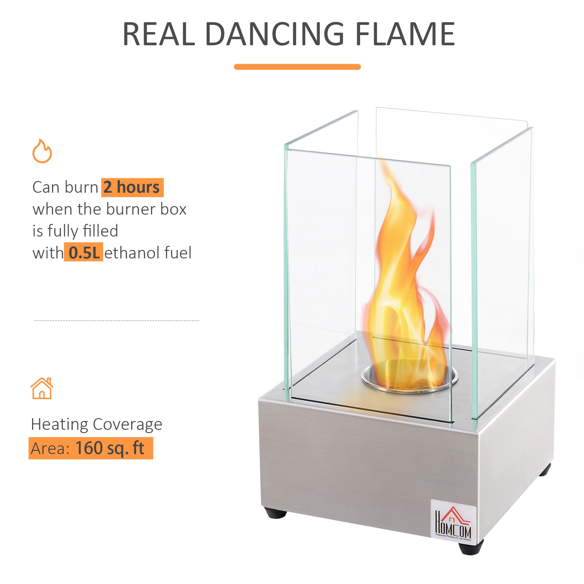 Ethanol Fireplace, 7.75" Tabletop 0.10 Gal Stainless Steel 160 Sq. Ft., Burns Up To 2 Hours, Silver Silver Stainless Steel