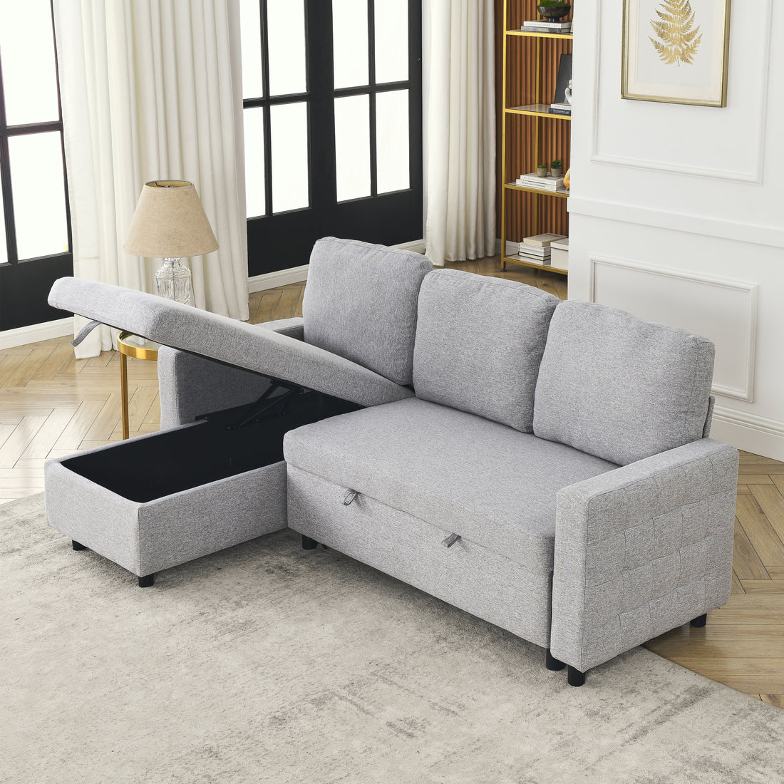 Fx 78.8" Reversible Sleeper Combo Sofa With Pullout Bed, Comfortable Linen L Shaped Combo Sofa Sofa Bed, Living Room Furniture Sets For Tight Spaces Light Gray Linen Wood Primary Living Space Foam Fabric 3 Seat