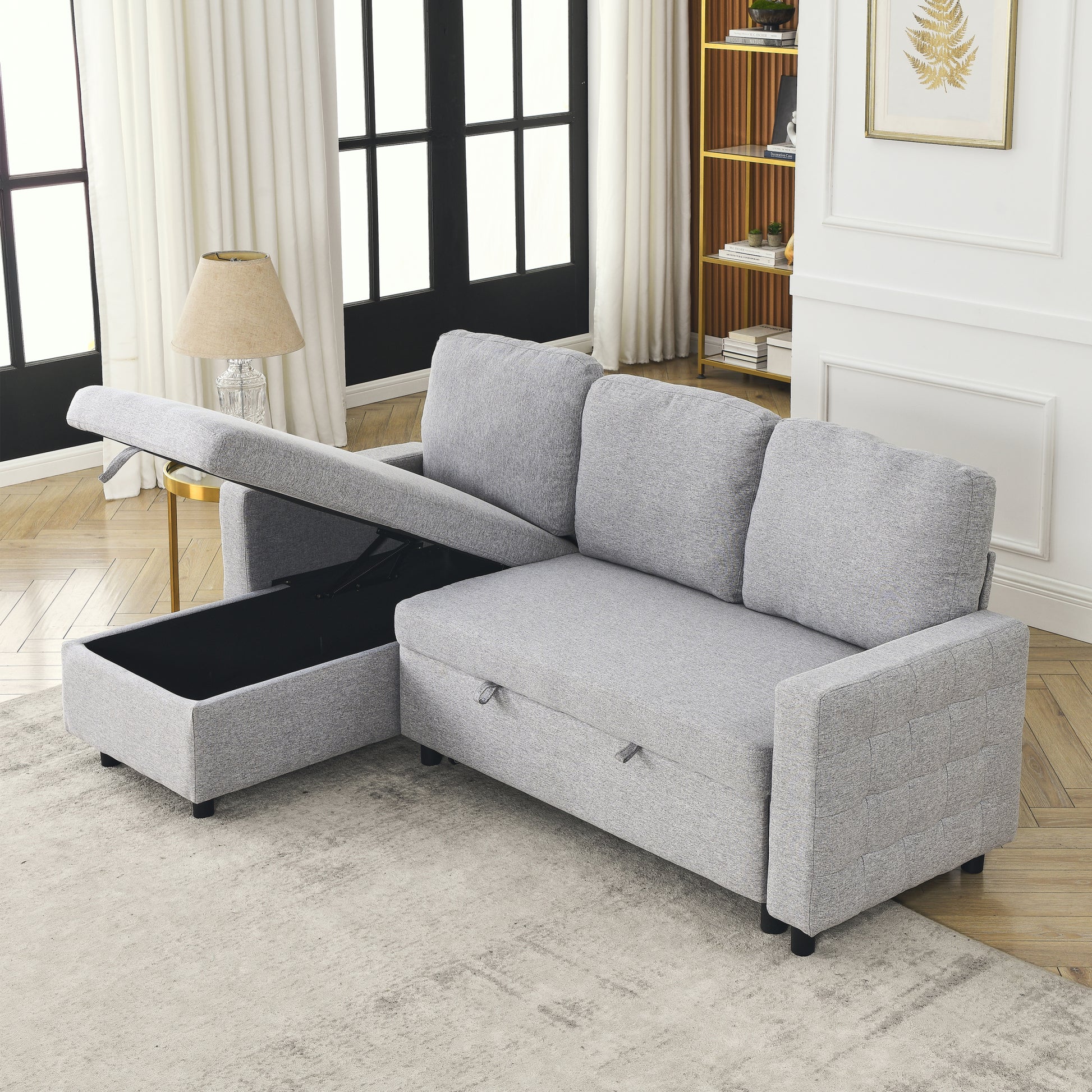 Fx 78.8" Reversible Sleeper Combo Sofa With Pullout Bed, Comfortable Linen L Shaped Combo Sofa Sofa Bed, Living Room Furniture Sets For Tight Spaces Light Gray Linen Wood Primary Living Space Foam Fabric 3 Seat