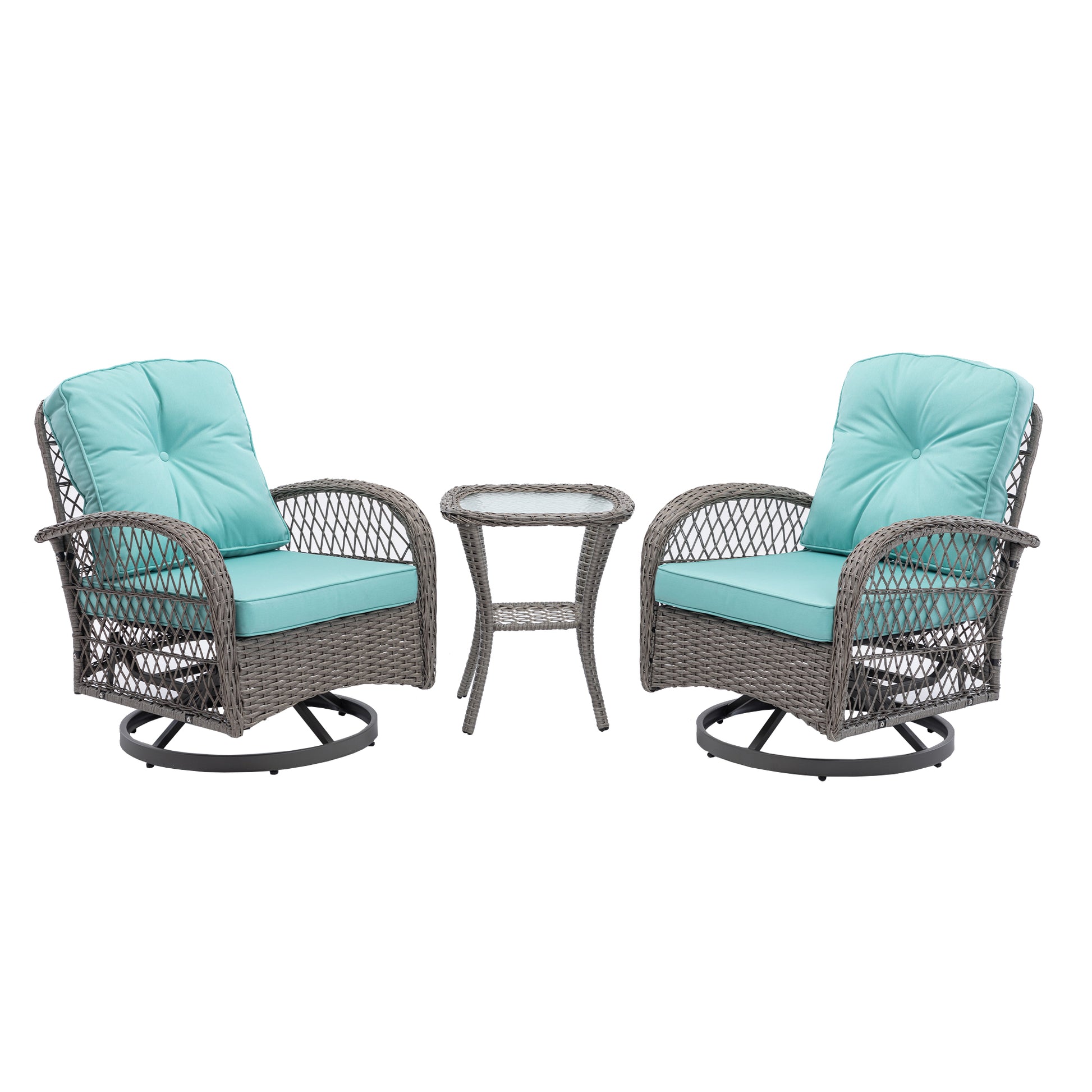 3 Pieces Outdoor Swivel Rocker Patio Chairs, 360 Degree Rocking Patio Conversation Set With Thickened Cushions And Glass Coffee Table For Backyard, Blue Blue Steel