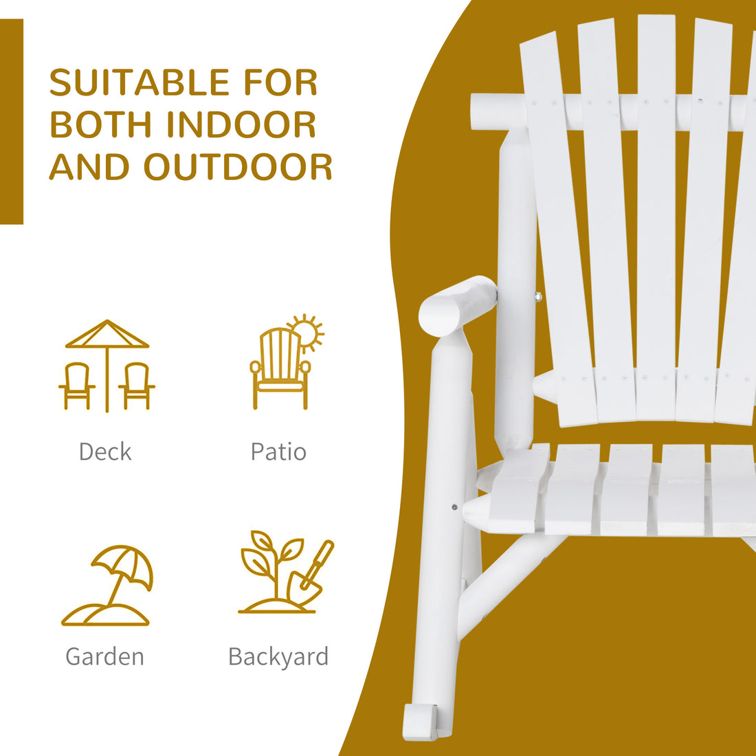 Outdoor Wooden Rocking Chair, Rustic Adirondack Rocker With Slatted Seat, High Backrest, Armrests For Patio, Garden, And Porch, Large, White White Wood