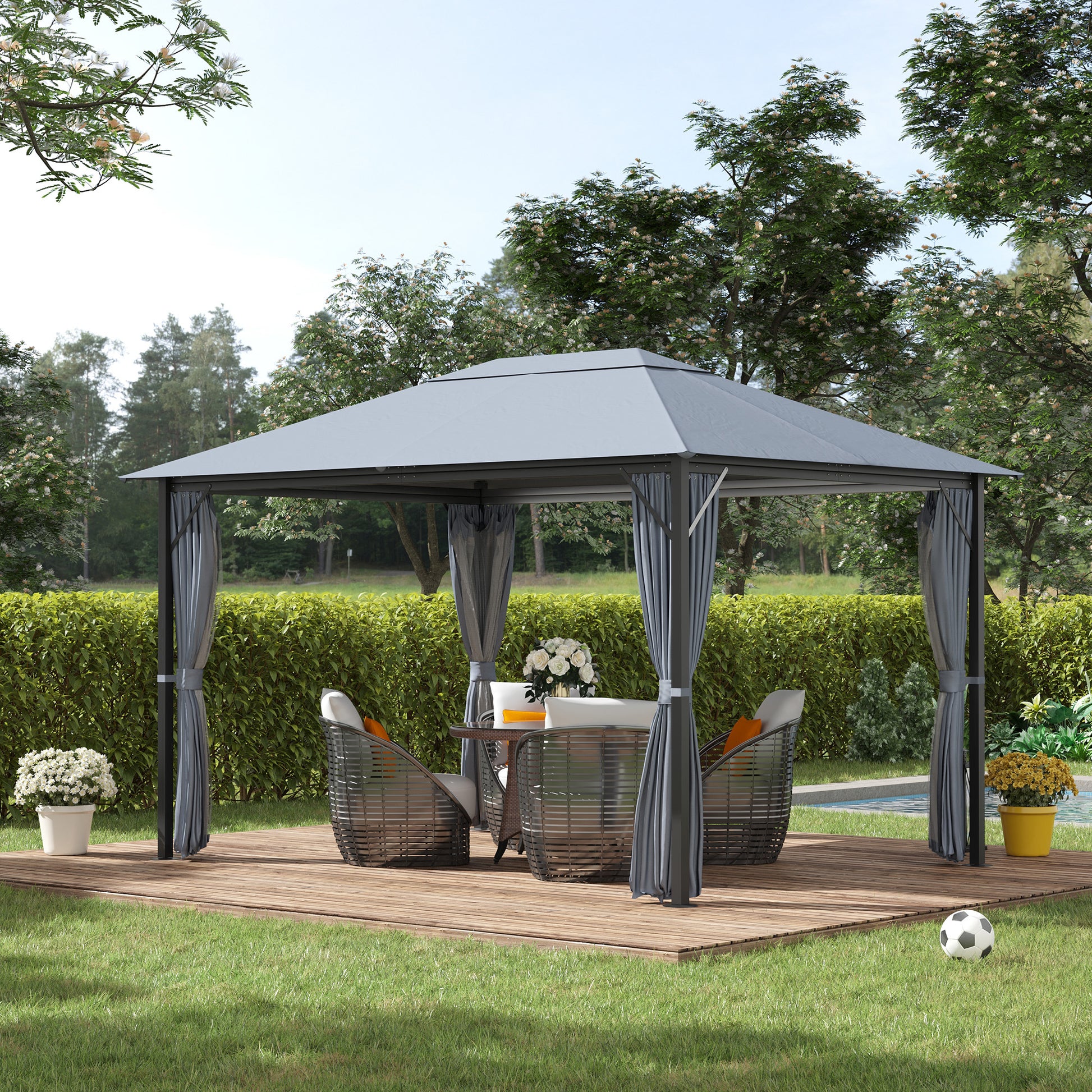 10' X 13' Patio Gazebo, Aluminum Frame, Outdoor Gazebo Canopy Shelter With Netting & Curtains, Garden, Lawn, Backyard And Deck, Gray Grey Metal