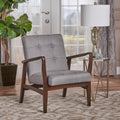 Mid Century Modern Fabric Club Chair With Wood Frame, Grey And Dark Espresso Grey Fabric