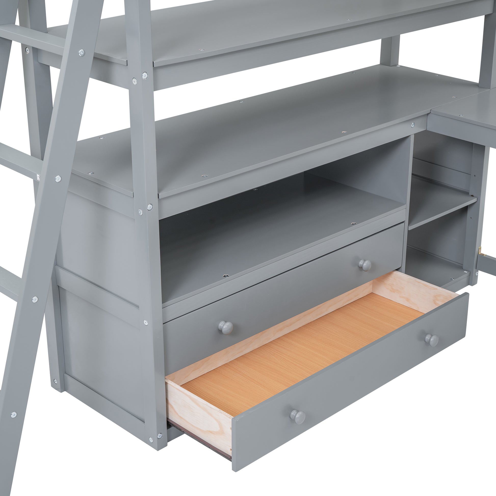 Full Size Loft Bed With Desk And Shelves,Two Built In Drawers,Gray Old Sku: Gx000416Aae Box Spring Not Required Full Gray Wood Bedroom Pine