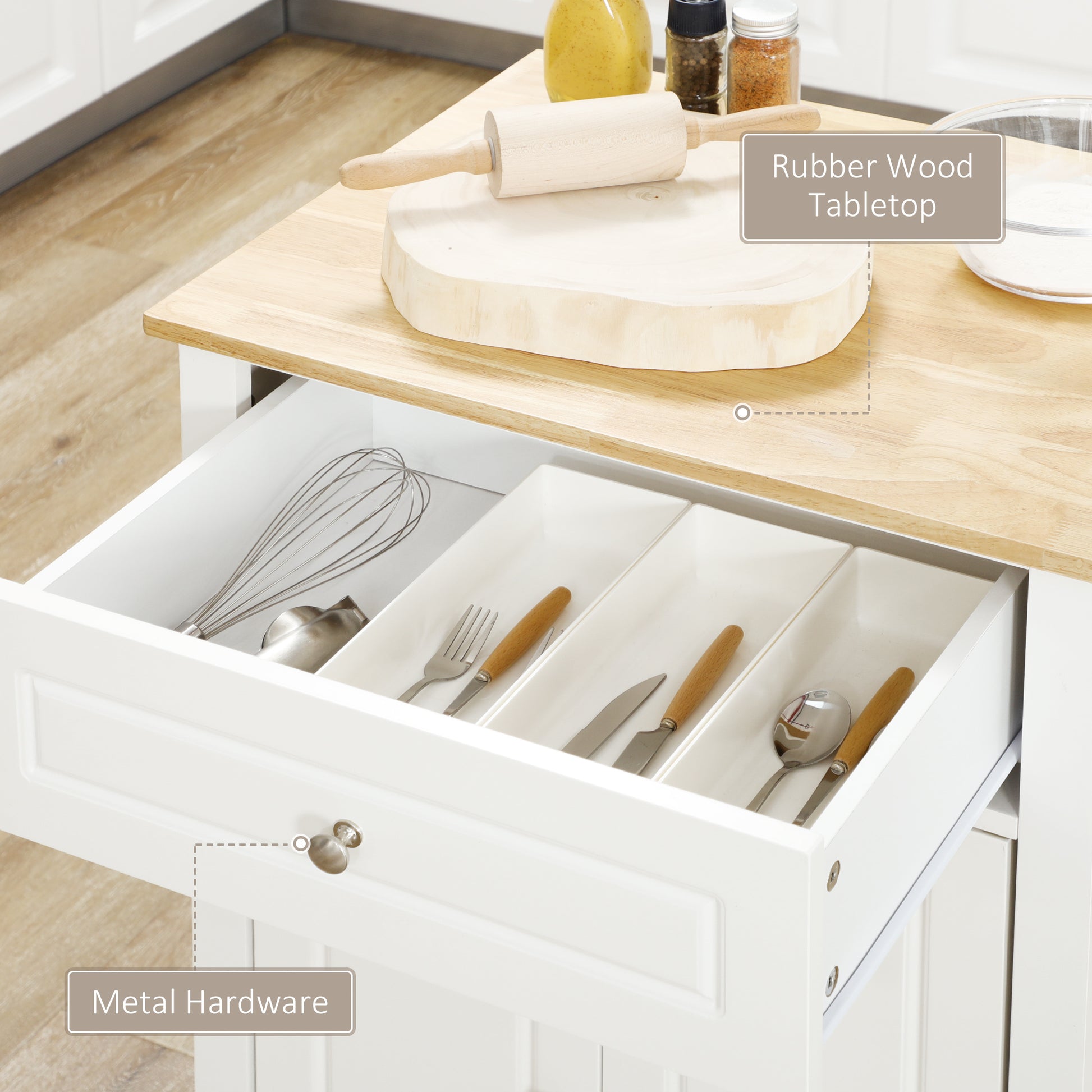 Rolling Kitchen Island Cart, Portable Serving Trolley Table With Drawer, Adjustable Shelf And 2 Towel Racks, Cream White Cream White Mdf