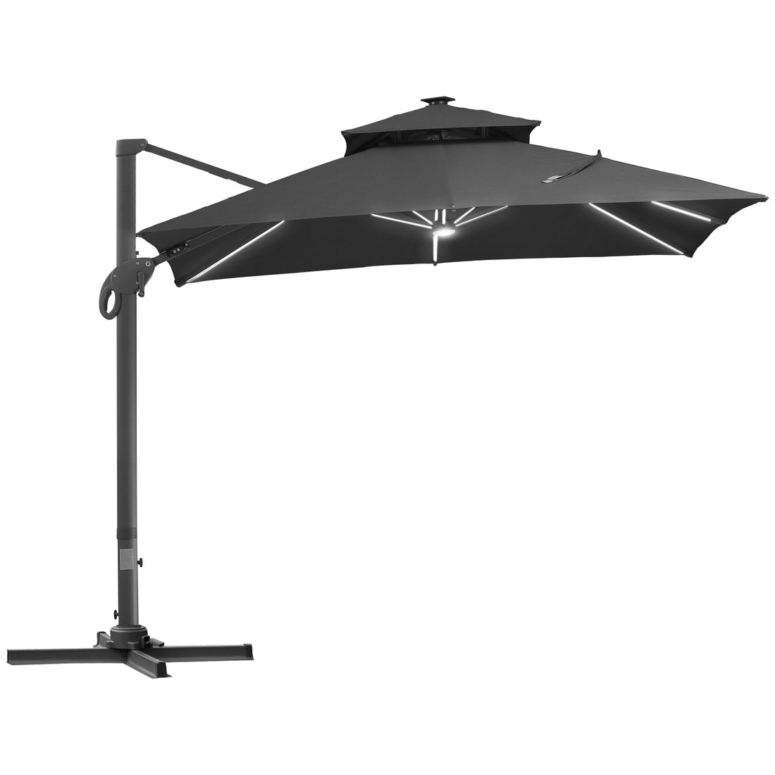 10Ft Cantilever Patio Umbrella With Solar Led Lights, Double Top Square Outdoor Offset Umbrella With 360 Rotation, 4 Position Tilt, Crank & Cross Base For Garden, Deck, Pool, Dark Gray Gray Polyester