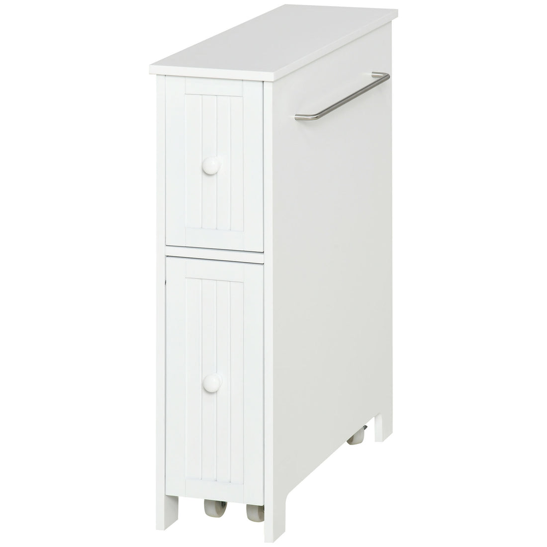 Kleankin Slim Bathroom Cabinet, Freestanding Storage Cabinet, Toilet Paper Holder With Two Drawers, Side Towel Rack, And Wheels, 7 X 20.5 X 24.75 Inches, White White Mdf