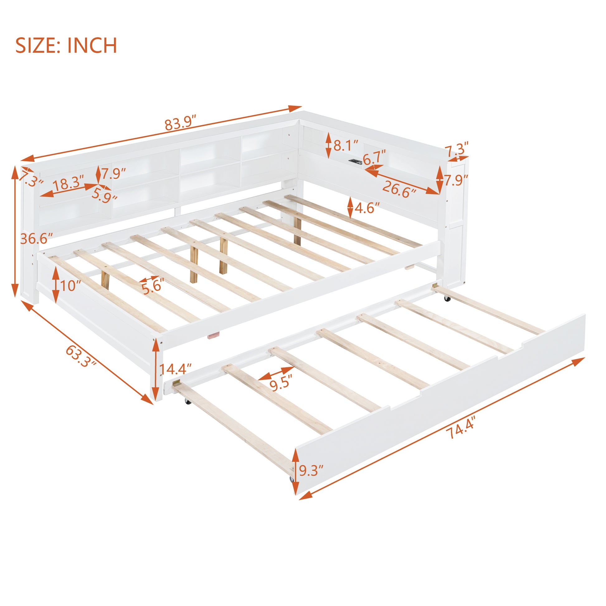 Wooden Full Size Daybed With Twin Size Trundle, Daybed With Storage Shelf And Usb Charging Ports,White Full White Wood