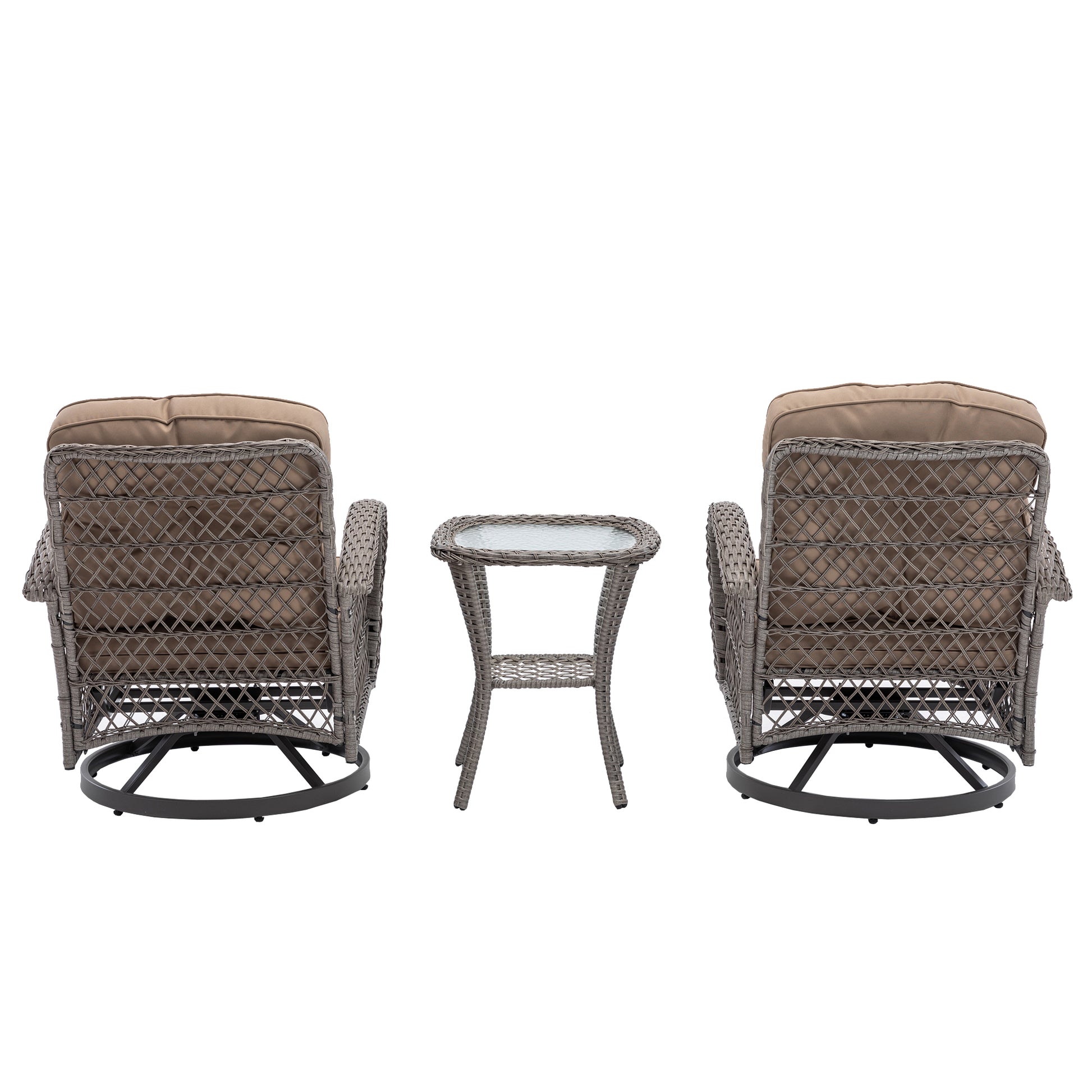 3 Pieces Outdoor Swivel Rocker Patio Chairs, 360 Degree Rocking Patio Conversation Set With Thickened Cushions And Glass Coffee Table For Backyard, Khaki Khaki Steel