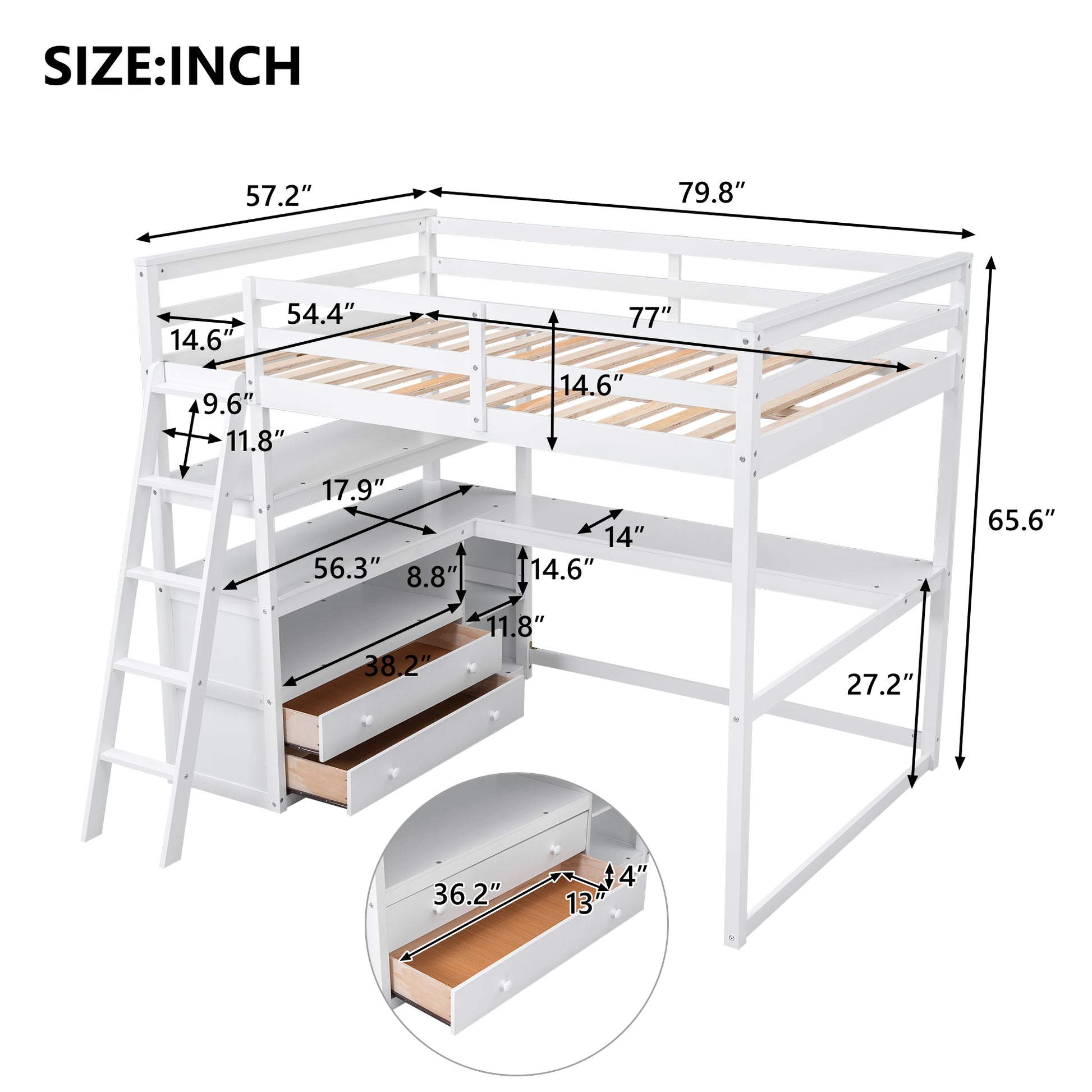 Full Size Loft Bed With Desk And Shelves,Two Built In Drawers,White Old Sku: Sm000416Aak Box Spring Not Required Full White Wood Bedroom Pine