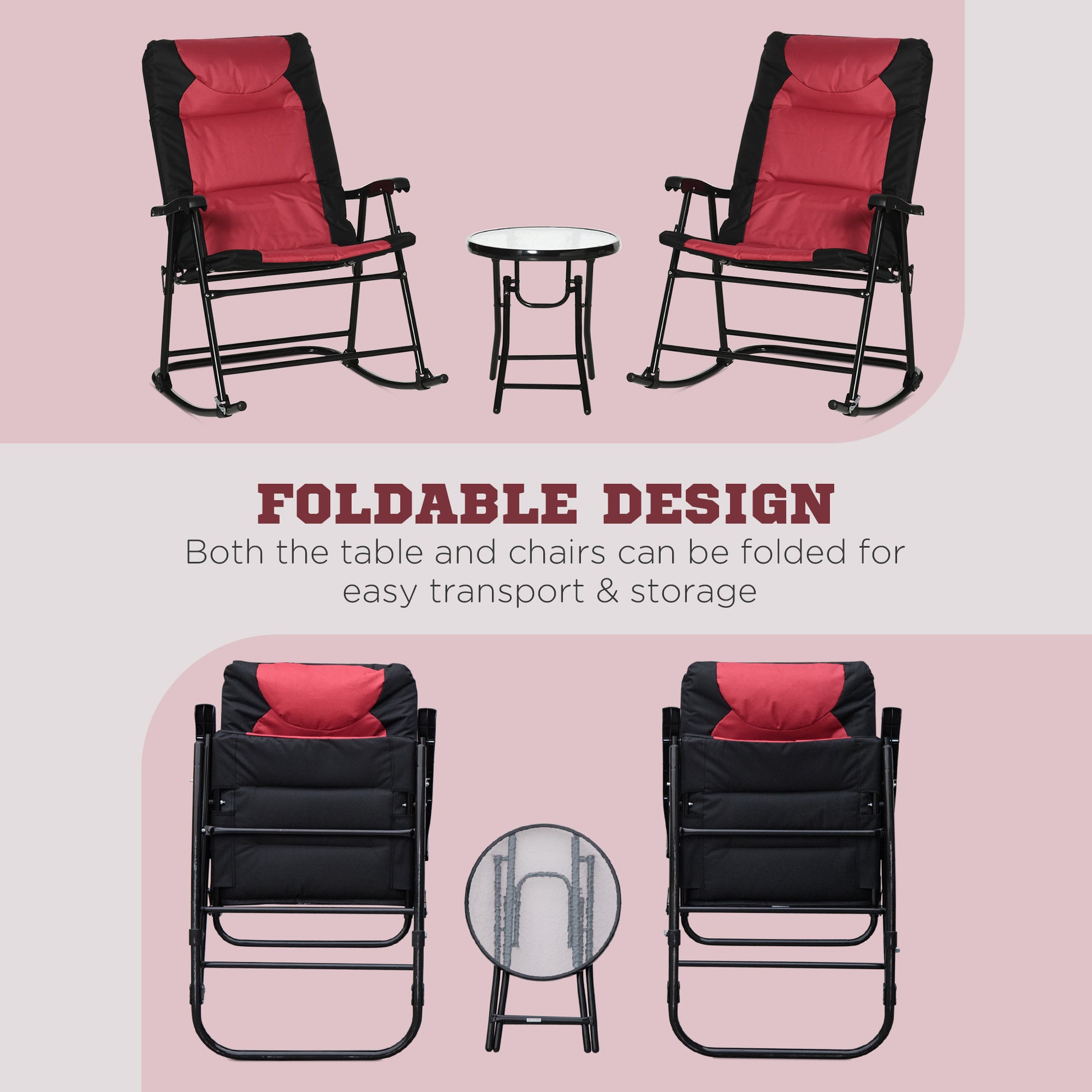 3 Piece Outdoor Patio Furniture Set With Glass Coffee Table & 2 Folding Padded Rocking Chairs, Bistro Style For Porch, Camping, Balcony, Red Red Metal