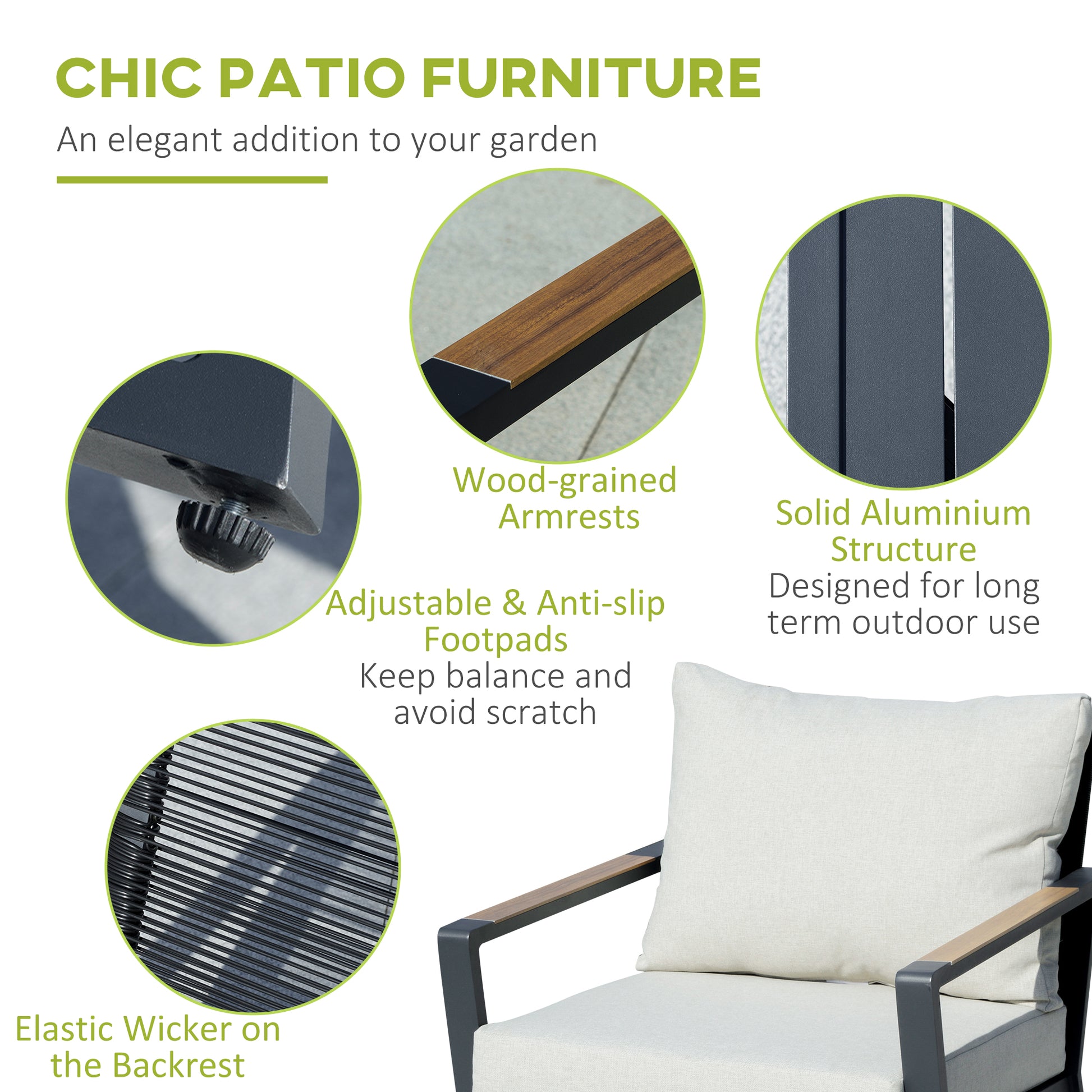 4 Piece Patio Furniture Set, Aluminum Conversation Set, Outdoor Garden Sofa Set With Armchairs, Loveseat, Center Coffee Table And Cushions, Cream White White Metal
