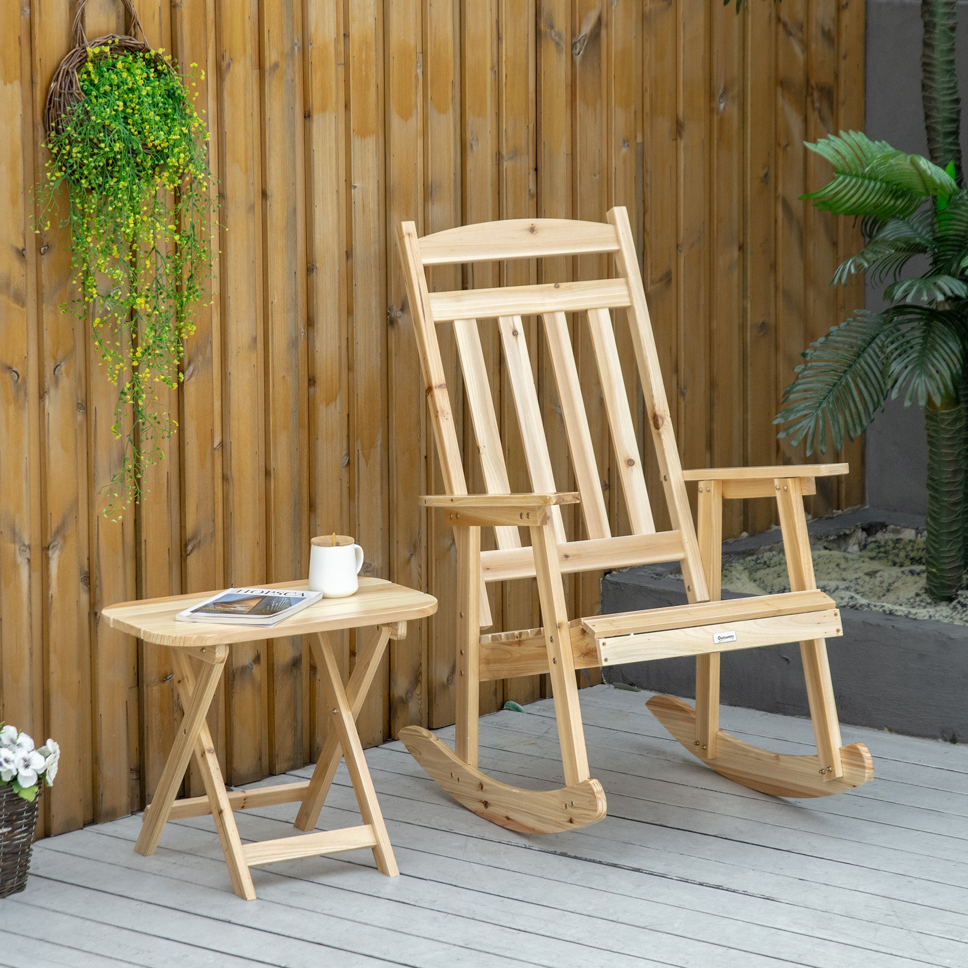 2 Pieces Wood Patio Bistro Set, Outdoor Rocking Chair Set With Armrests And High Back Rocking Chair And Portable Side Table, For Indoor, Outdoor, Patio, Backyard, Natural Natural Wood