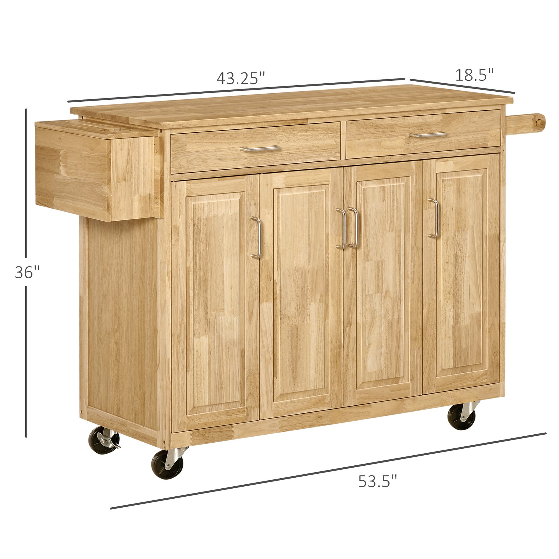 Kitchen Island On Wheels, Natural Hardwood Kitchen Cart With Drawers, Storage Cabinets, And Tool Caddy, Microwave Cart For Dining Room, 54 Inches Wide Natural Wood Rubber Wood