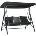 3 Seat Patio Swing Chair, Porch Swing Glider With Cushion, 3 Throw Pillows & Adjustable Canopy For Porch, Garden, Poolside, Backyard, Black Black Steel