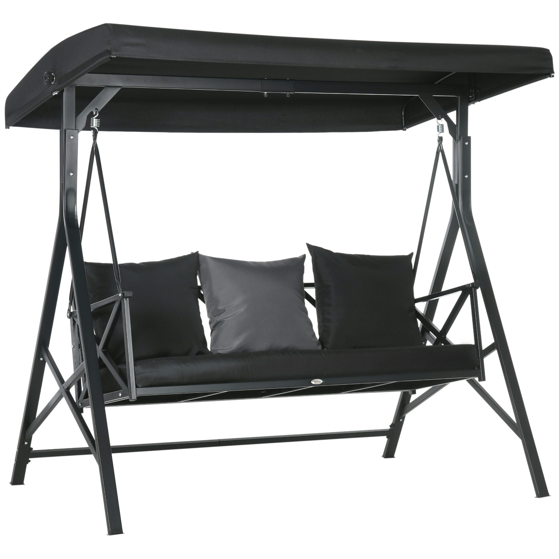 3 Seat Patio Swing Chair, Porch Swing Glider With Cushion, 3 Throw Pillows & Adjustable Canopy For Porch, Garden, Poolside, Backyard, Black Black Steel