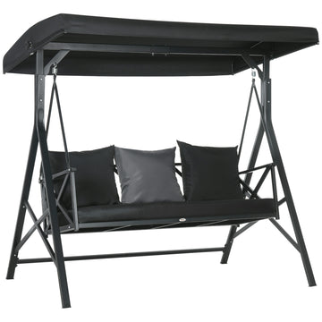 3 Seat Patio Swing Chair, Porch Swing Glider With Cushion, 3 Throw Pillows & Adjustable Canopy For Porch, Garden, Poolside, Backyard, Black Black Steel