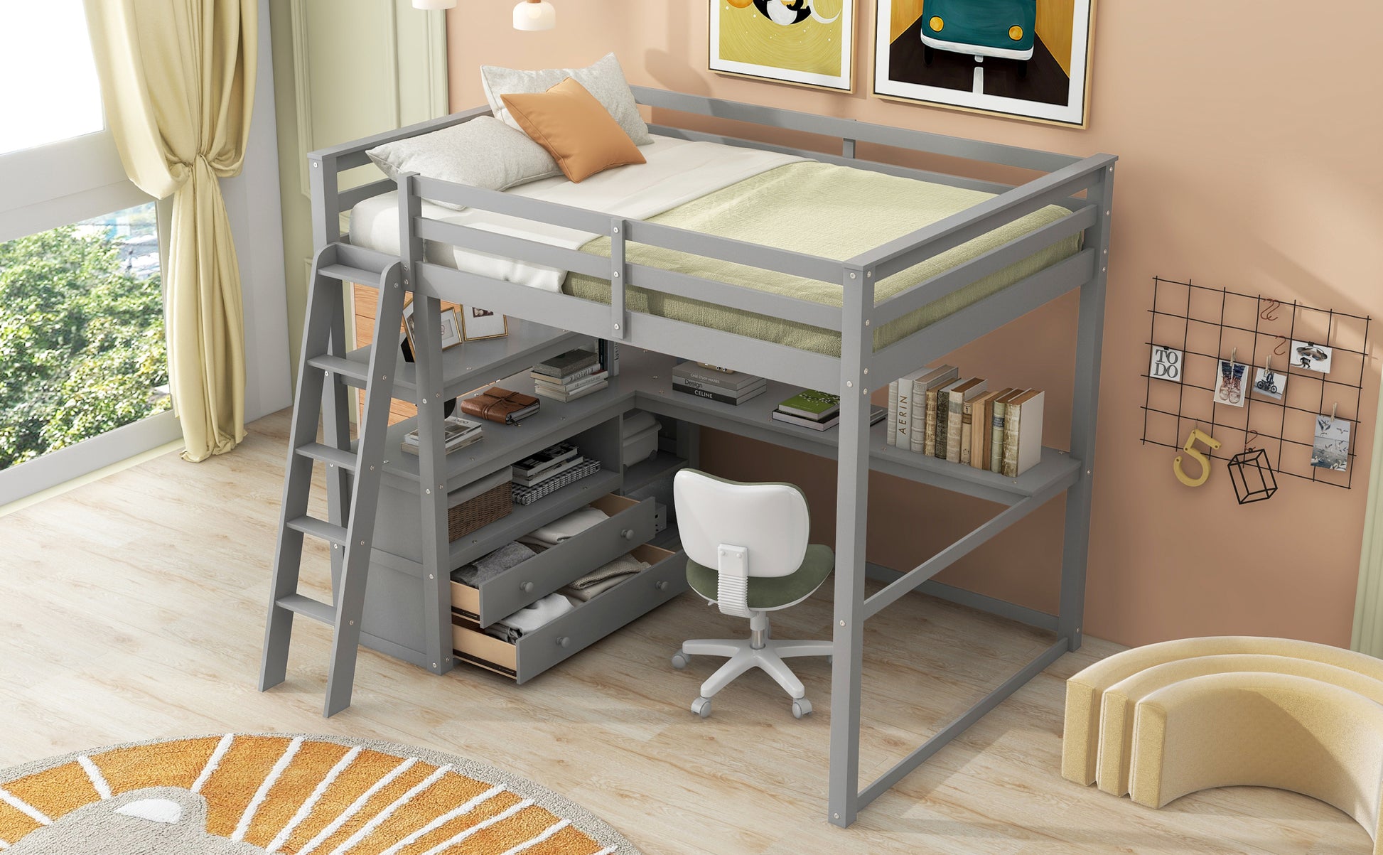 Full Size Loft Bed With Desk And Shelves,Two Built In Drawers,Gray Old Sku: Gx000416Aae Box Spring Not Required Full Gray Wood Bedroom Pine