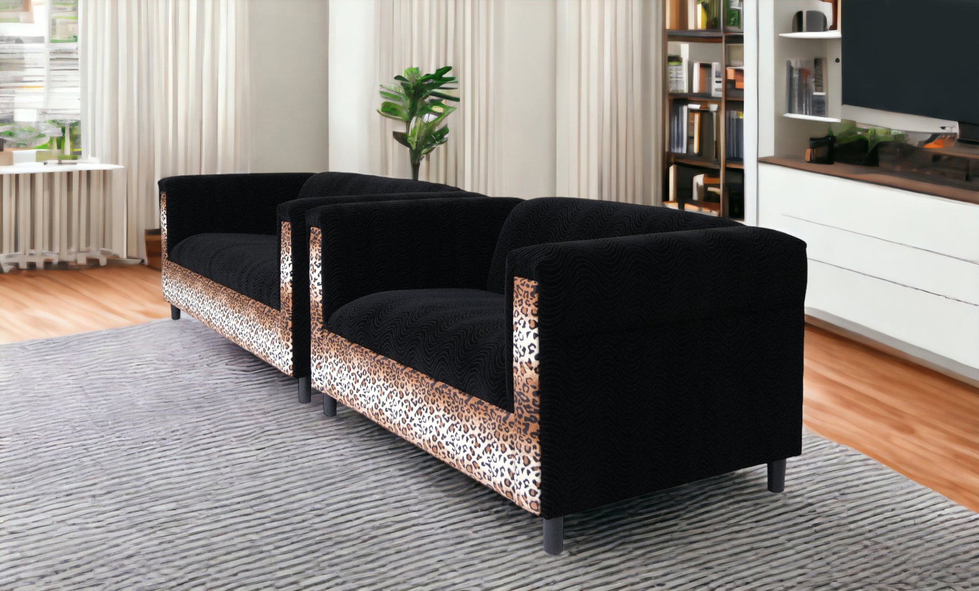 Black Velvet Loveseat And Sofa Set For Living Room With Leopard Print, Modern D Cor Couch Sets For Living Room, Bedrooms With Solid Wood Frame Black Wood Foam Velvet