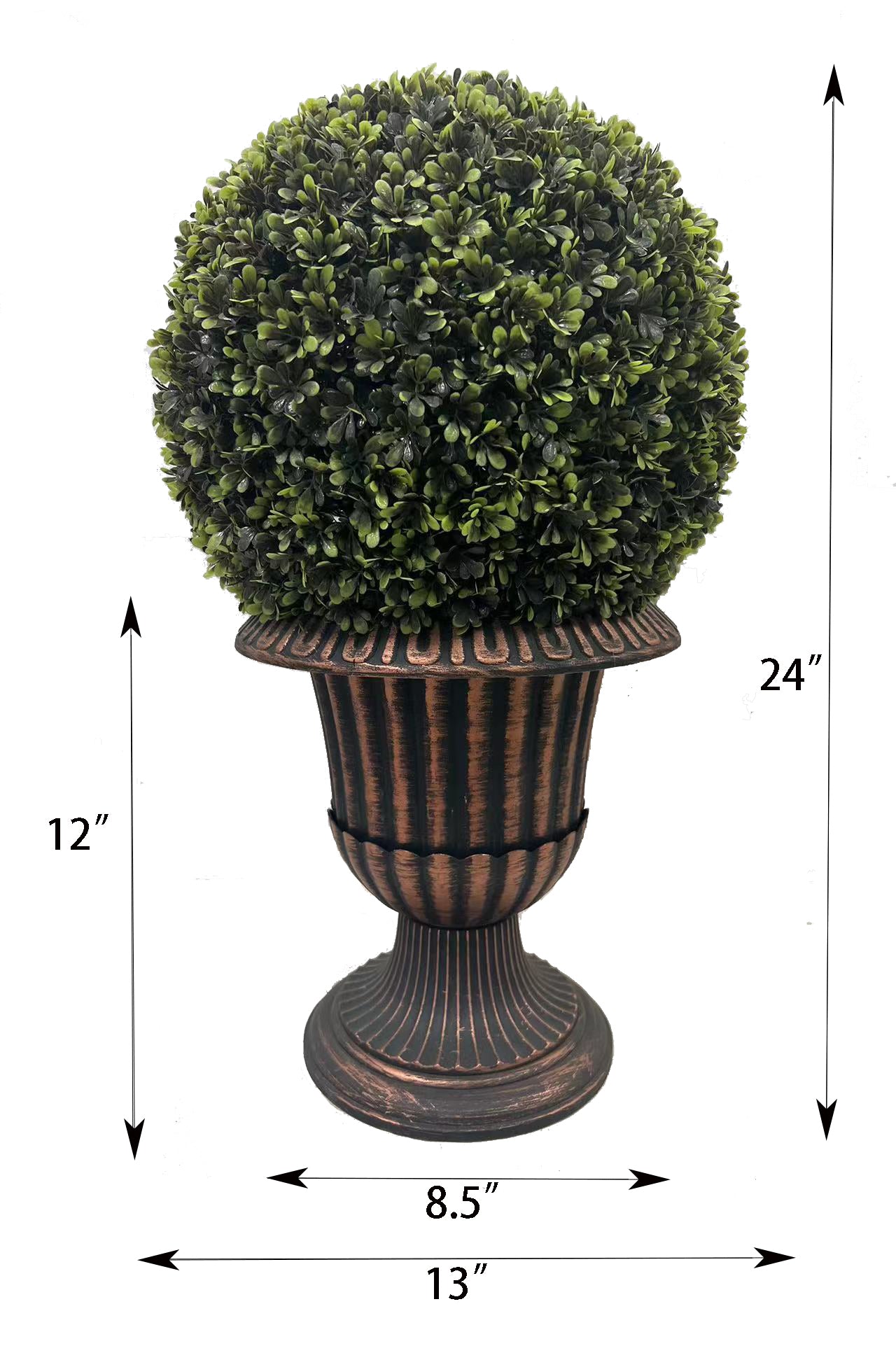 24" Ball Topiary In Bronze Pedestal Pot, Artificial Faux Plant For Indoor And Outdoor Green Plastic