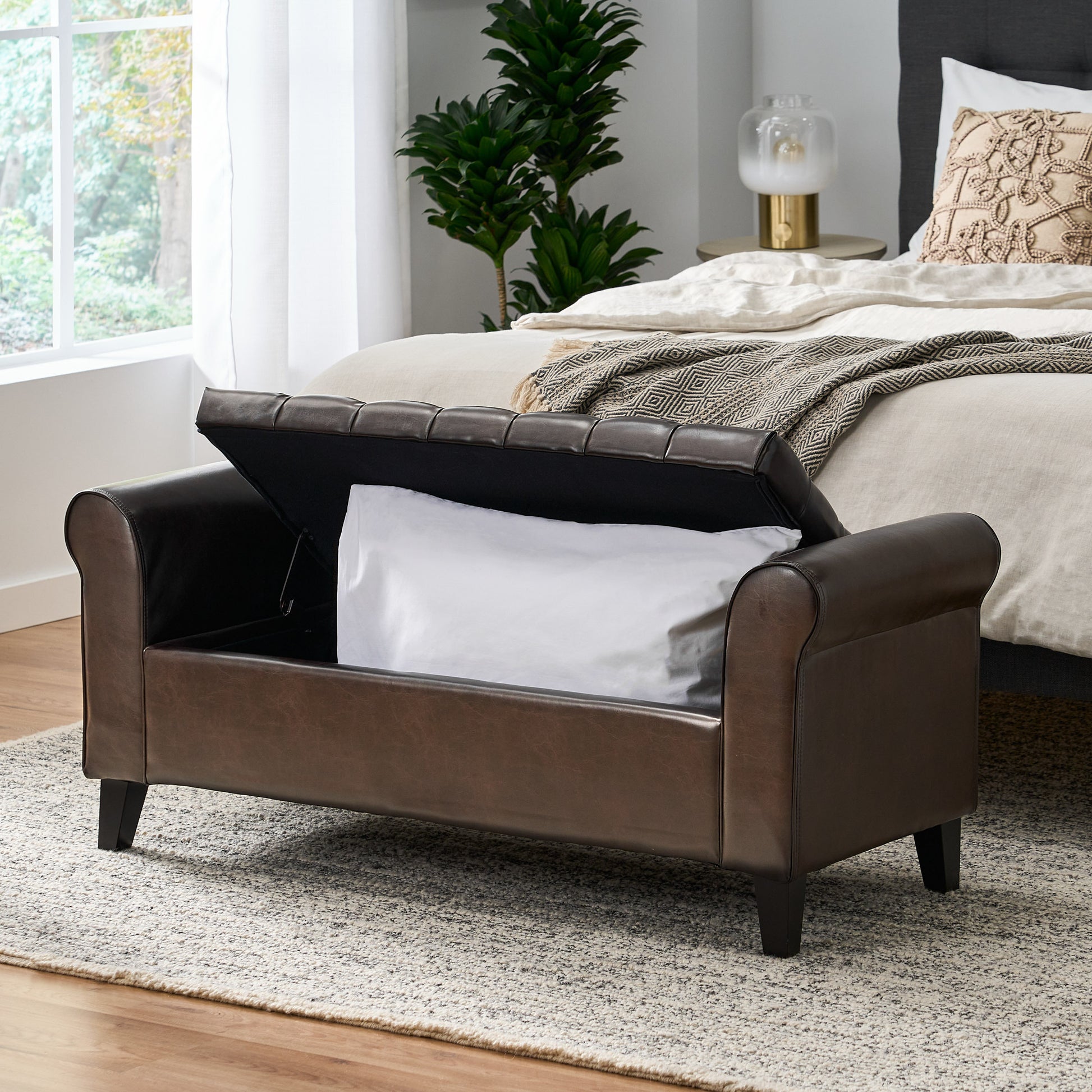 Hayes Armed Storage Bench Brown Pu
