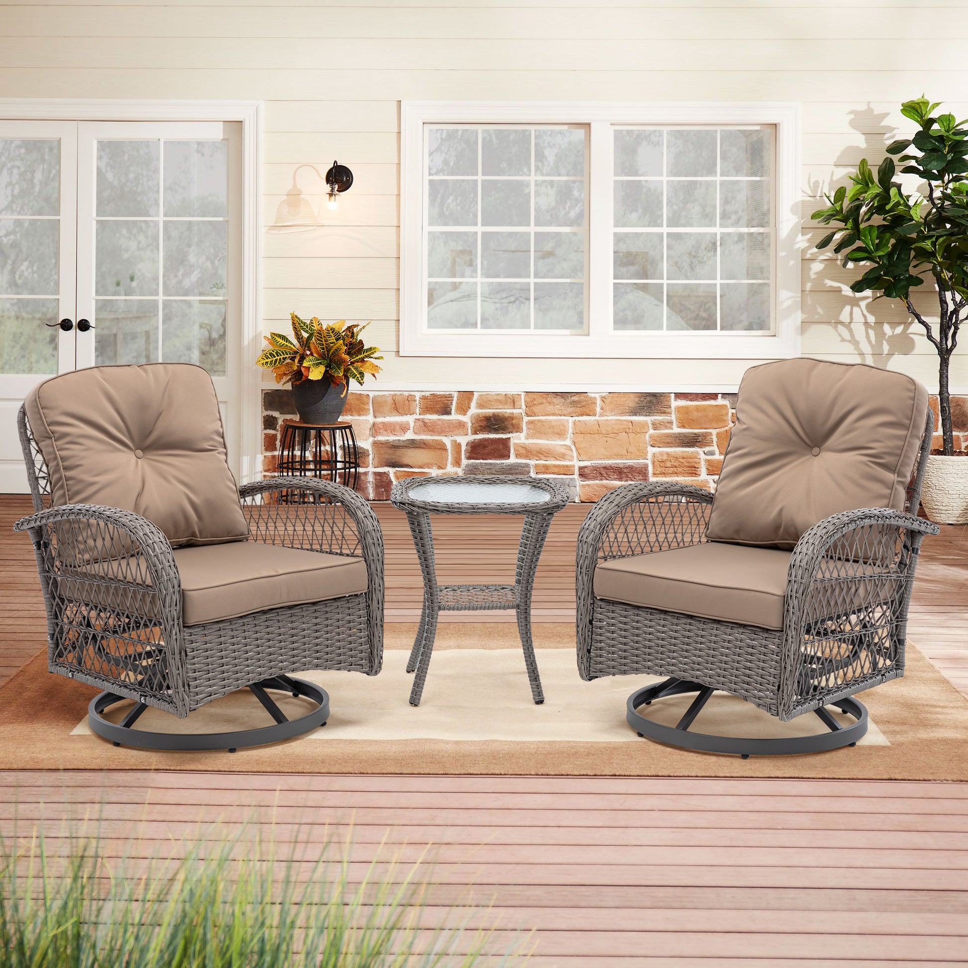 3 Pieces Outdoor Swivel Rocker Patio Chairs, 360 Degree Rocking Patio Conversation Set With Thickened Cushions And Glass Coffee Table For Backyard, Khaki Khaki Steel