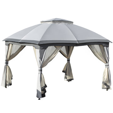 10' X 12' Outdoor Gazebo, Patio Gazebo Canopy Shelter W Double Vented Roof, Zippered Mesh Sidewalls, Solid Steel Frame, Grey Grey Polyester