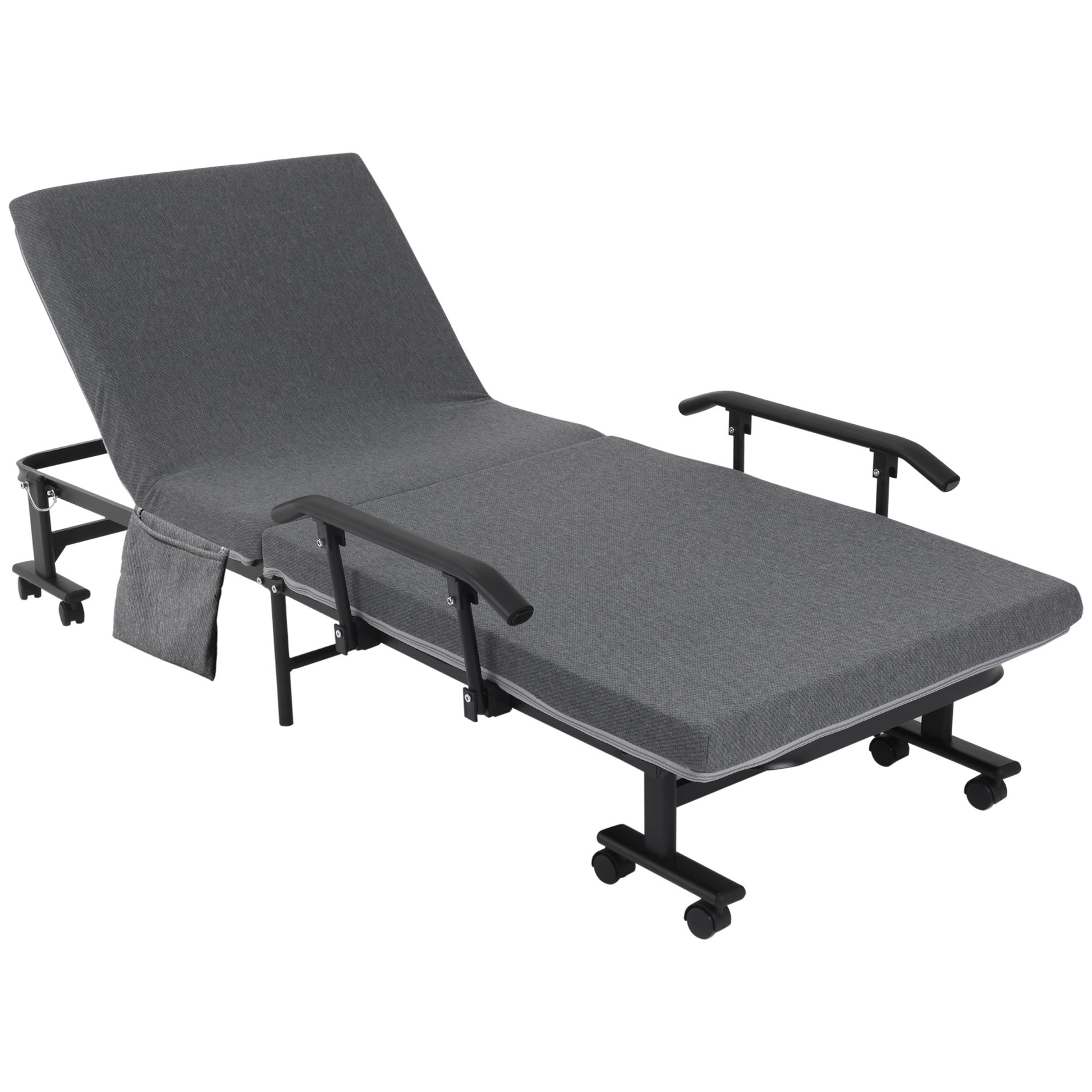 Rollaway Bed, Folding Bed With 3.25" Mattress, Portable Foldable Guest Bed With Adjustable Backrest, And Metal Frame On Wheels, Dark Grey Dark Grey Steel