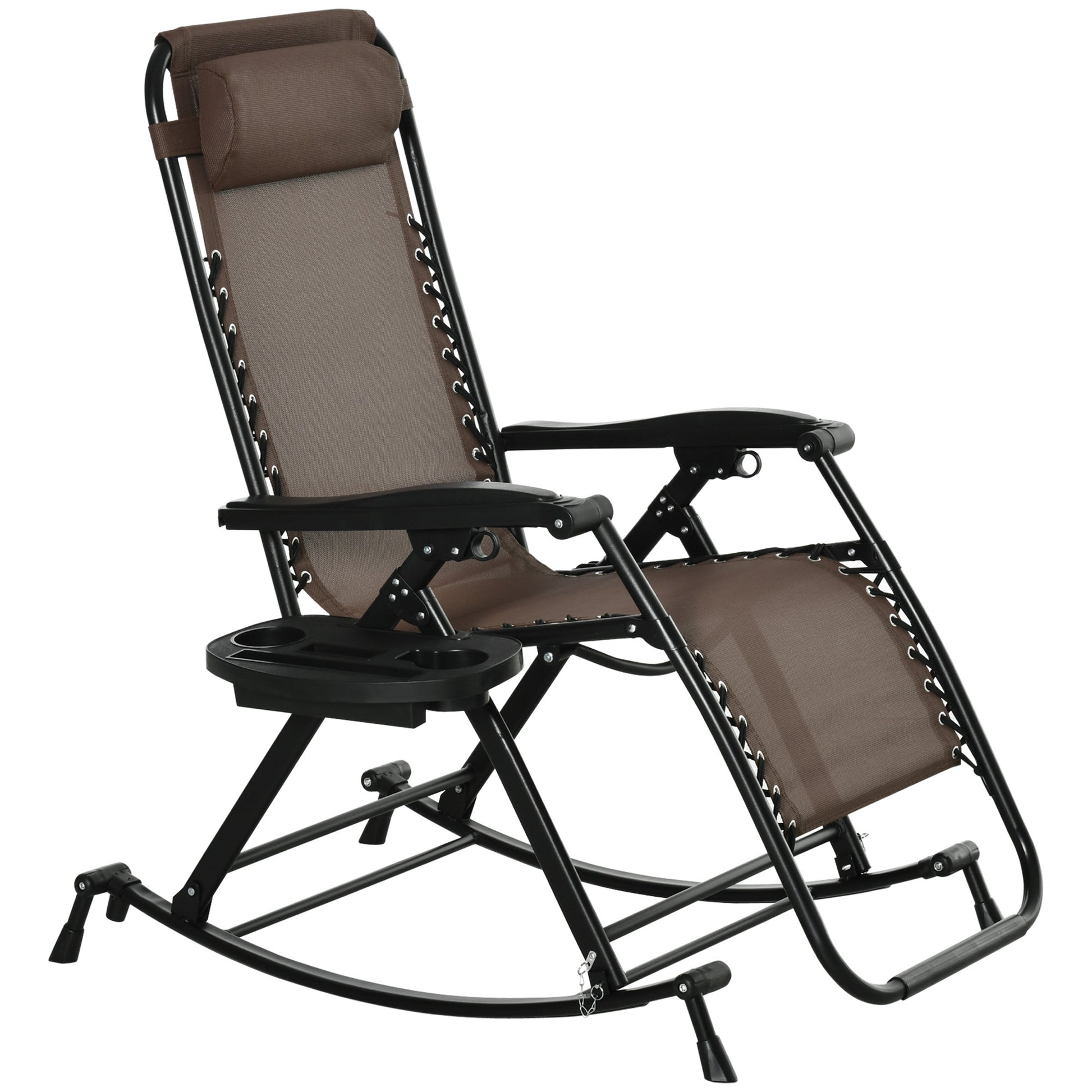 Outdoor Rocking Chairs, Foldable Reclining Zero Gravity Lounge Rocker W Pillow, Cup & Phone Holder, Combo Design W Folding Legs, Brown Brown Steel