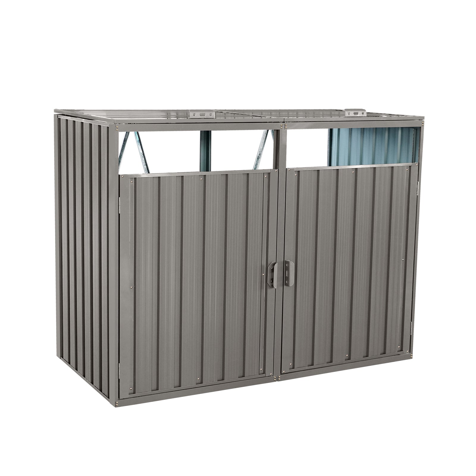 Garbage Bin Shed Stores 2 Trash Cans Metal Outdoor Bin Shed For Garbage Storage,Stainless Galvanized Steel, Bin Shed For Garden Yard Lawn,Grey Grey Iron