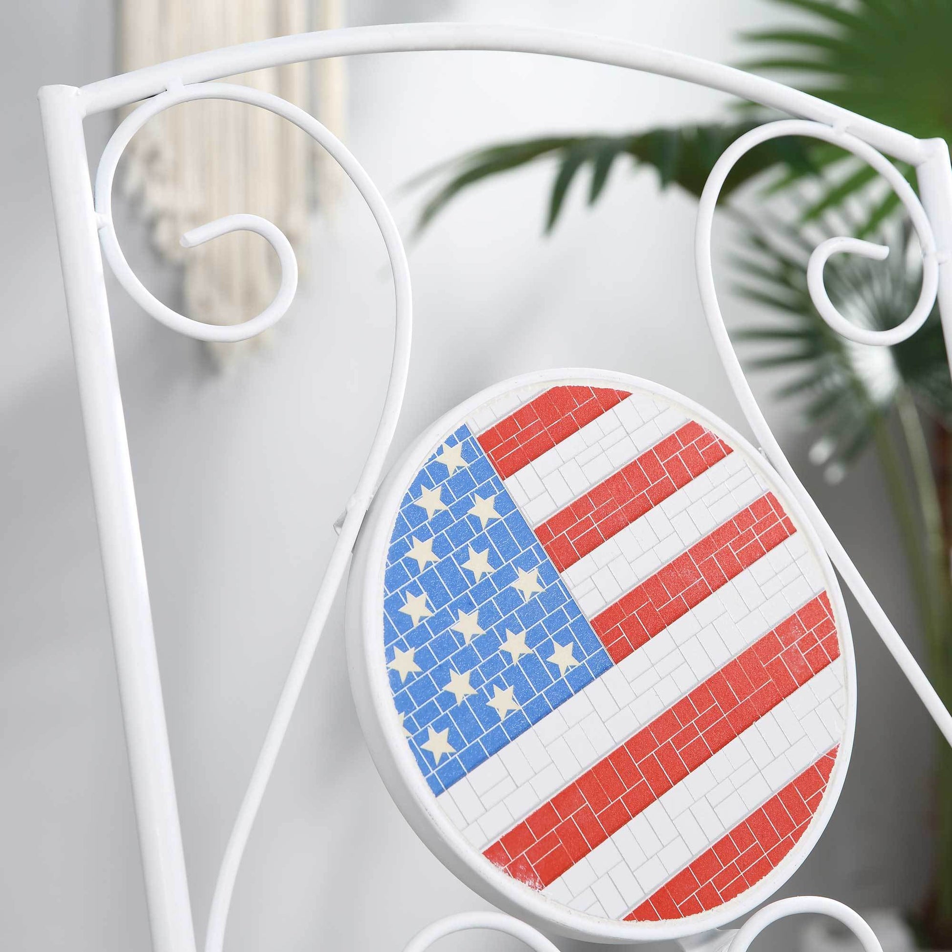 3 Piece Patio Bistro Set, Folding Outdoor Furniture With Usa Mosaic Table And Chairs, Portable Metal Frames For 4Th Of July, Balcony, Backyard, Poolside, Porch, American Flag White Metal
