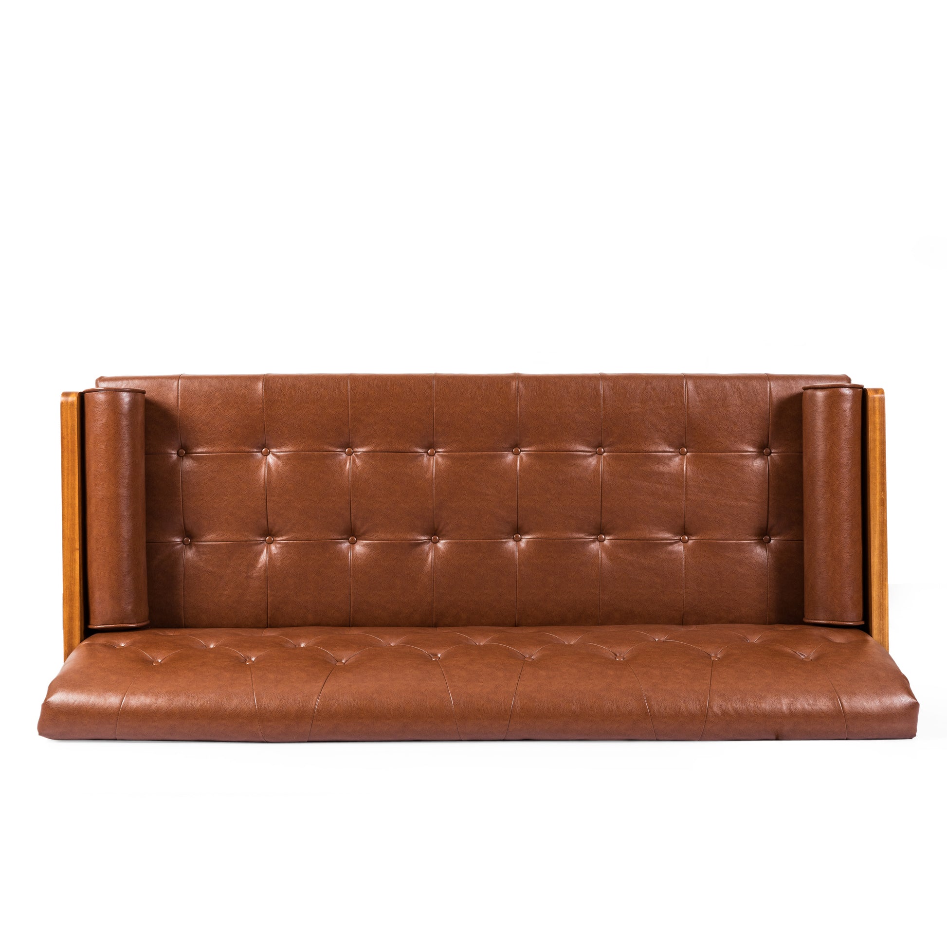 Adelaide Mid Century Modern Tufted Sofa With Rolled Accent Pillows Light Brown Pu