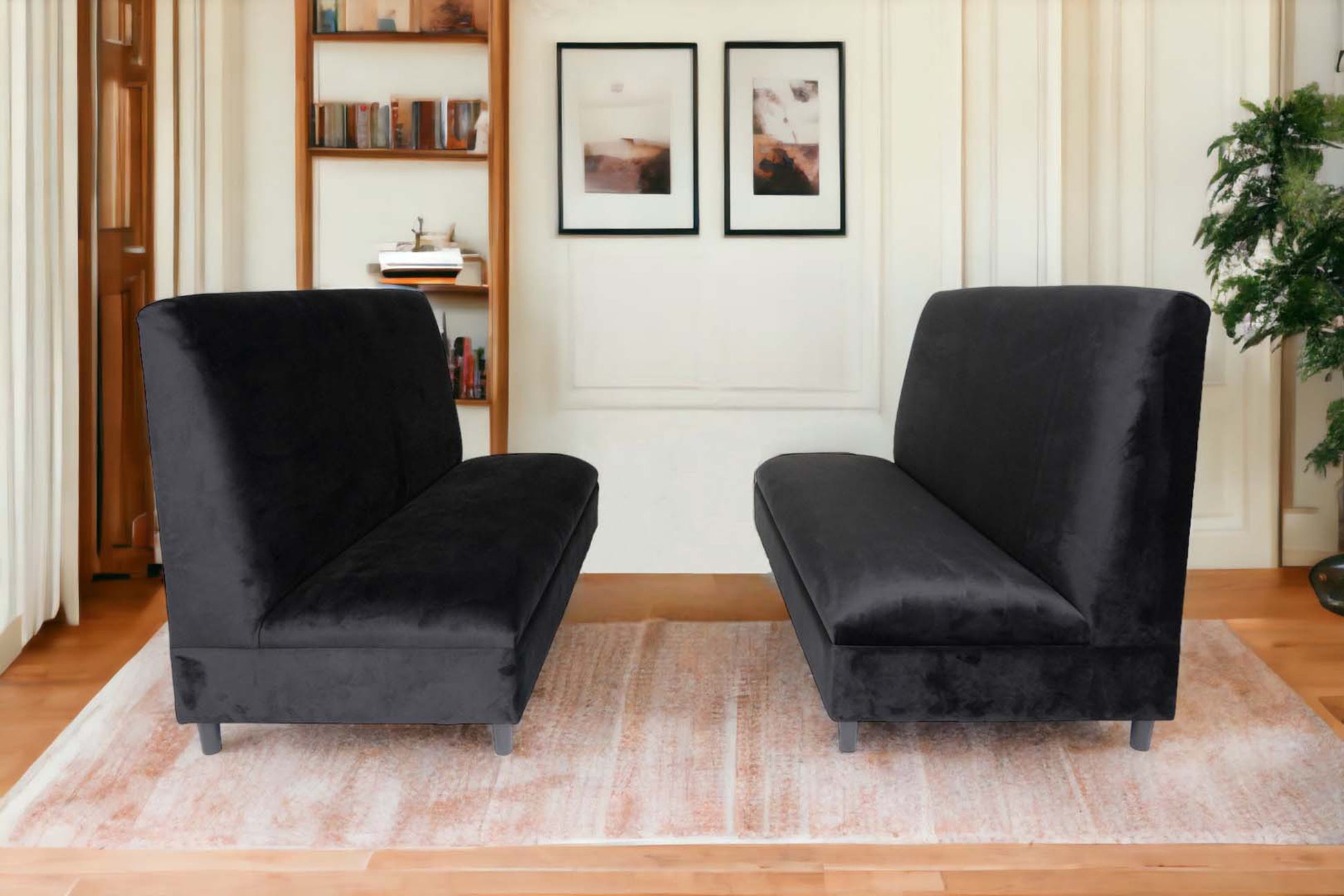 Black Velvet Booth, Modern Armless Booth For Living Room, Bedroom And Apartment With Solid Wood Frame Set Of 2 Black Wood Foam Velvet