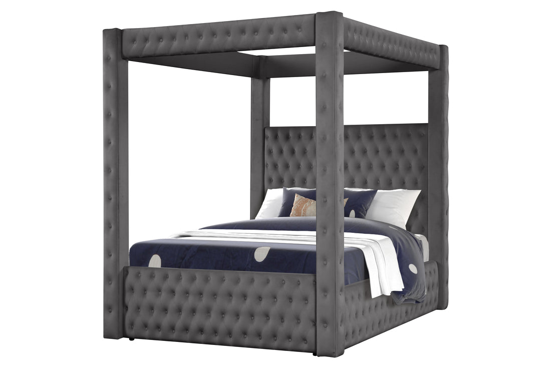 Monica Luxurious Four Poster Queen Bed Made With Wood In Gray Box Spring Not Required Queen Gray Wood Bedroom Modern Upholstered Velvet Wood