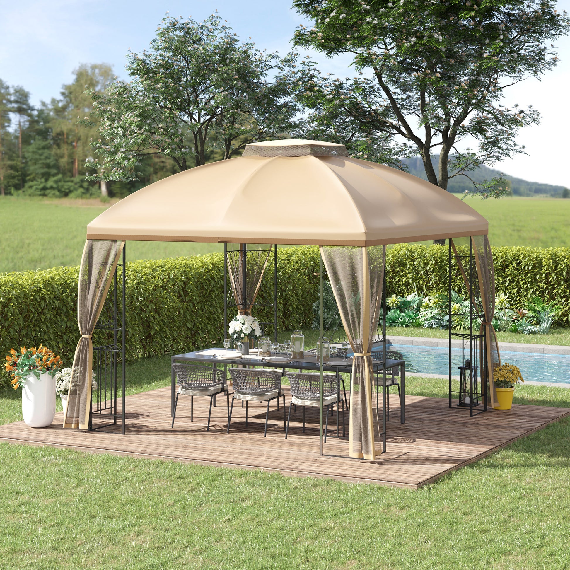 10' X 10' Patio Gazebo With Corner Shelves, Double Roof Outdoor Gazebo Canopy Shelter With Removable Mesh Netting, For Garden, Lawn, Backyard And Deck, Beige Beige Steel