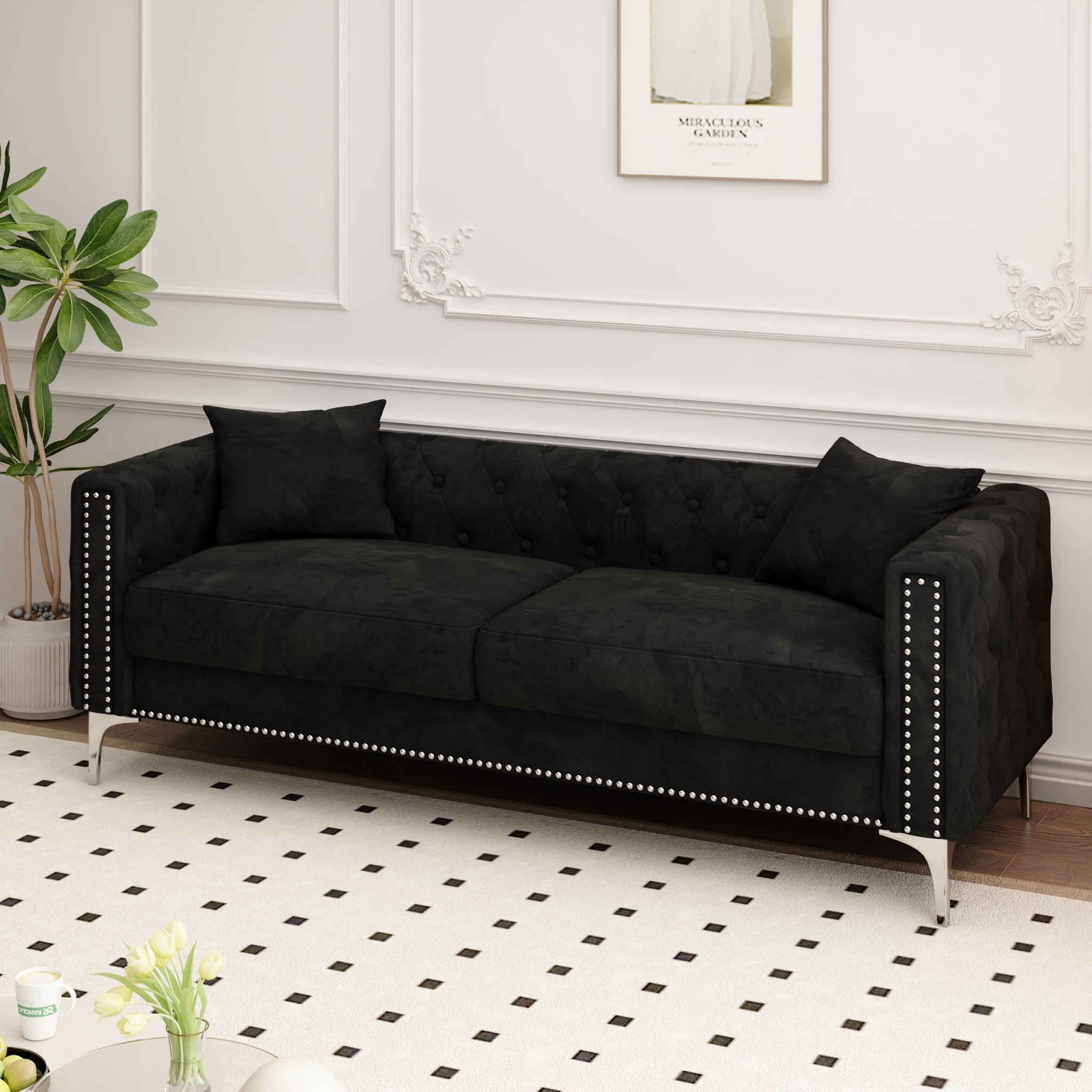 Sofa Includes 2 Pillows, 83 "Black Velvet Triple Sofa, Suitable For Large And Small Spaces Black Velvet