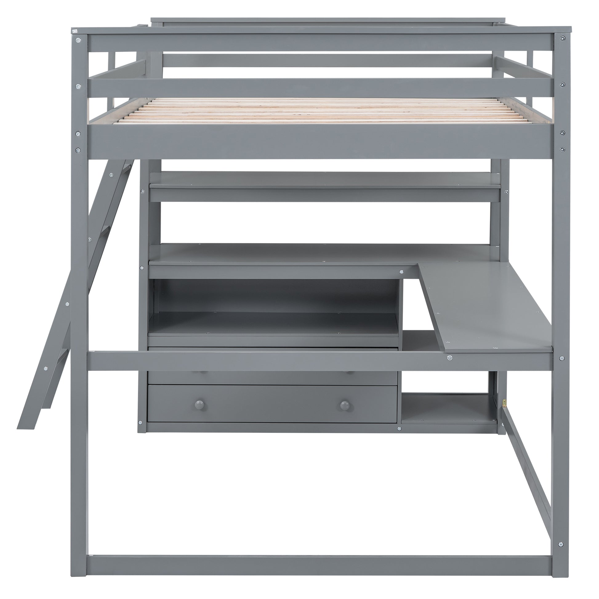 Full Size Loft Bed With Desk And Shelves,Two Built In Drawers,Gray Old Sku: Gx000416Aae Box Spring Not Required Full Gray Wood Bedroom Pine