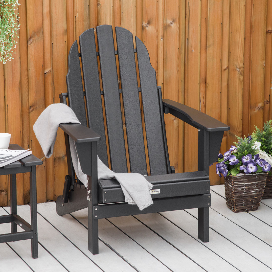 Outsunny Folding Adirondack Chair, Hdpe Fire Pit Chair, Weather Resistant Outdoor Chair For Patio, Garden, Backyard, Lawn, Black Black Polyethylene