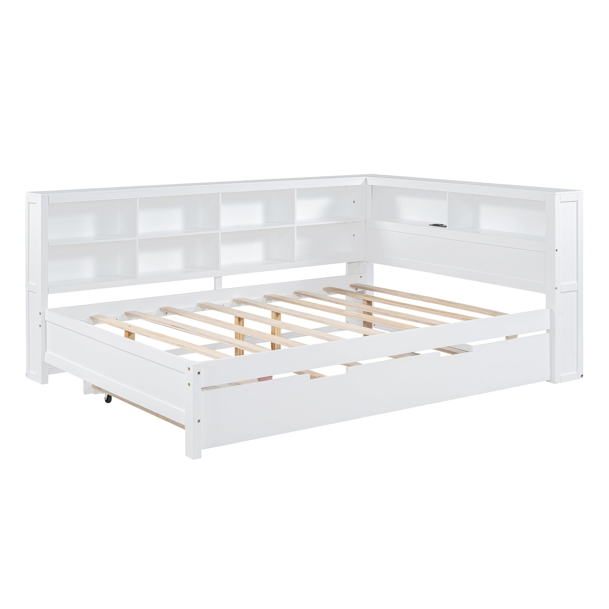 Wooden Full Size Daybed With Twin Size Trundle, Daybed With Storage Shelf And Usb Charging Ports,White Full White Wood