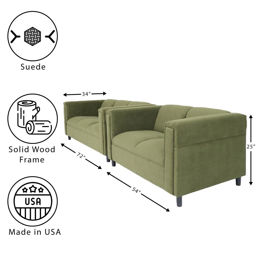 Green Suede Loveseat And Sofa Set For Living Room, Modern D Cor Couch Sets For Living Room, Bedrooms With Solid Wood Frame Green Wood Foam Suede