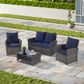 4 Pieces Outdoor Patio Furniture Sets Garden Rattan Chair Wicker Set, Poolside Lawn Chairs With Tempered Glass Coffee Table Porch Furniture, Gray Rattan Dark Blue Color Cushion Yes Complete Patio Set Dark Gray Water Resistant Frame Water Resistant