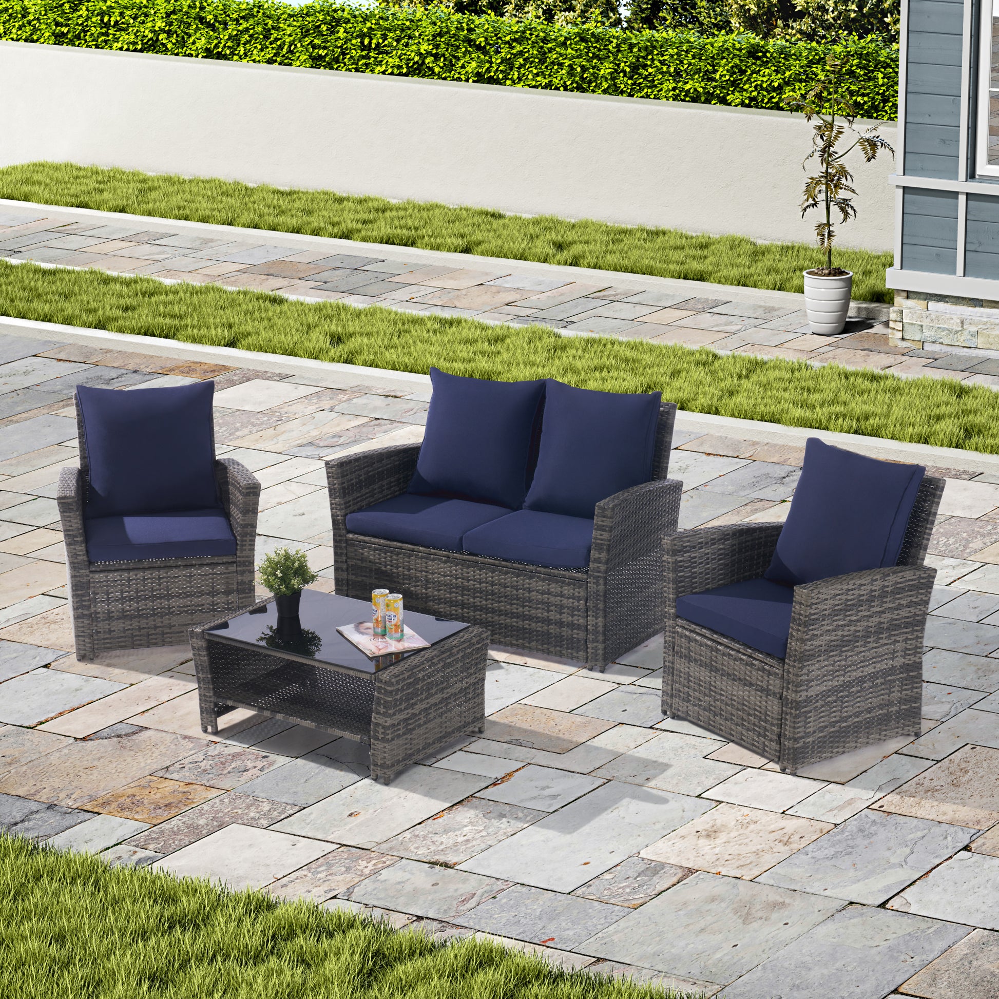 4 Pieces Outdoor Patio Furniture Sets Garden Rattan Chair Wicker Set, Poolside Lawn Chairs With Tempered Glass Coffee Table Porch Furniture, Gray Rattan Dark Blue Color Cushion Yes Complete Patio Set Dark Gray Water Resistant Frame Water Resistant