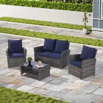 4 Pieces Outdoor Patio Furniture Sets Garden Rattan Chair Wicker Set, Poolside Lawn Chairs With Tempered Glass Coffee Table Porch Furniture, Gray Rattan Dark Blue Color Cushion Yes Complete Patio Set Dark Gray Water Resistant Frame Water Resistant