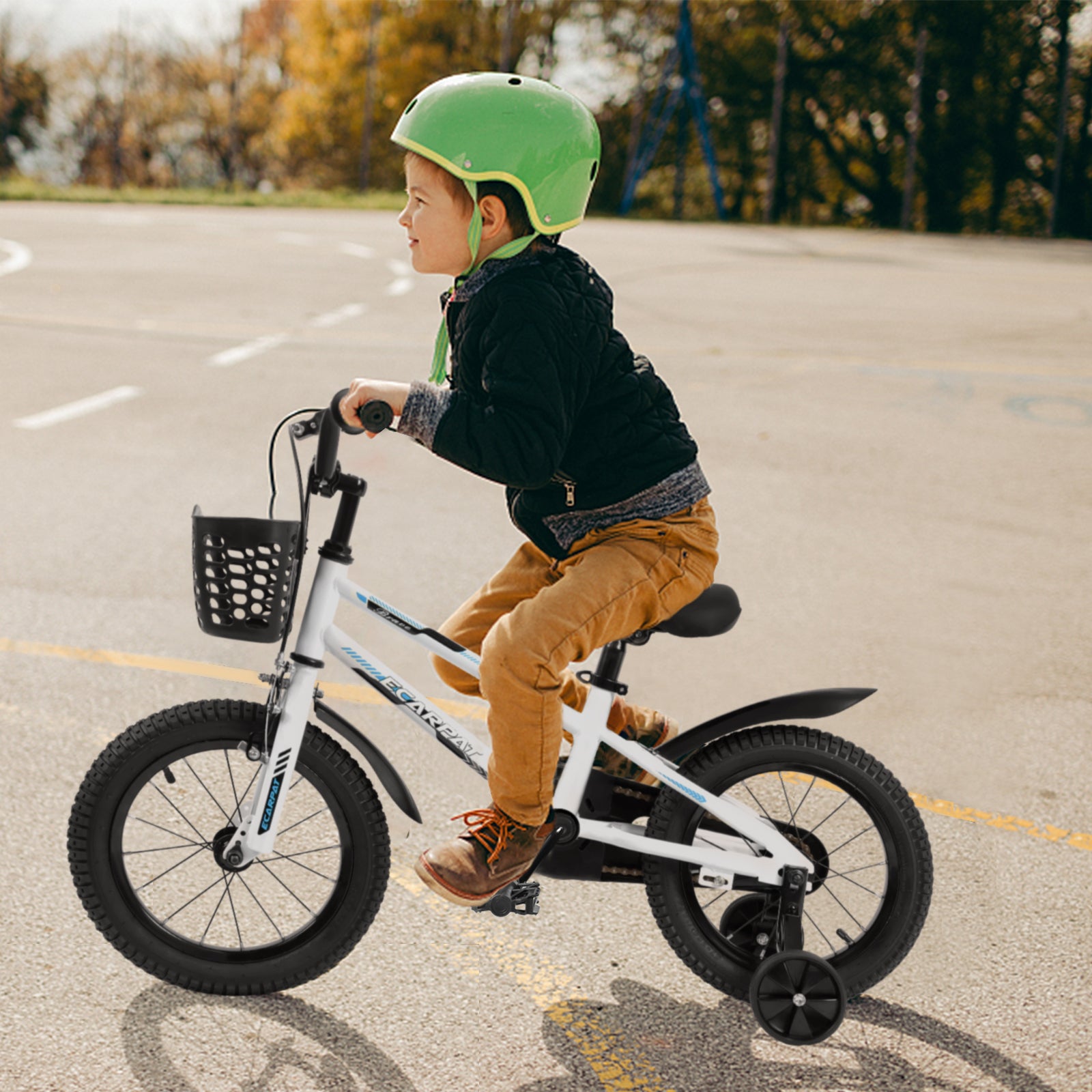 Kids Bike 16 Inch For Boys & Girls With Training Wheels, Freestyle Kids' Bicycle With Bell,Basket And Fender. White Steel