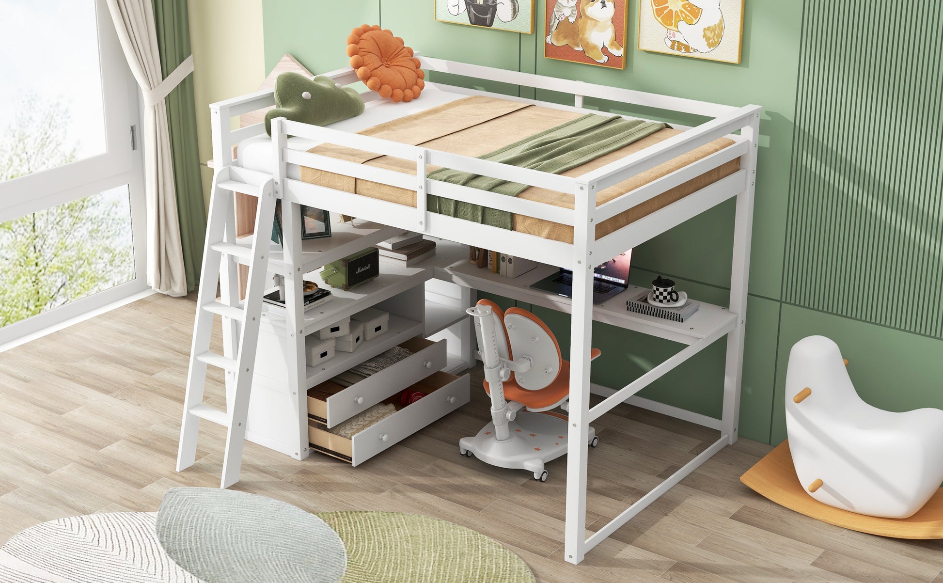 Full Size Loft Bed With Desk And Shelves,Two Built In Drawers,White Old Sku: Sm000416Aak Box Spring Not Required Full White Wood Bedroom Pine