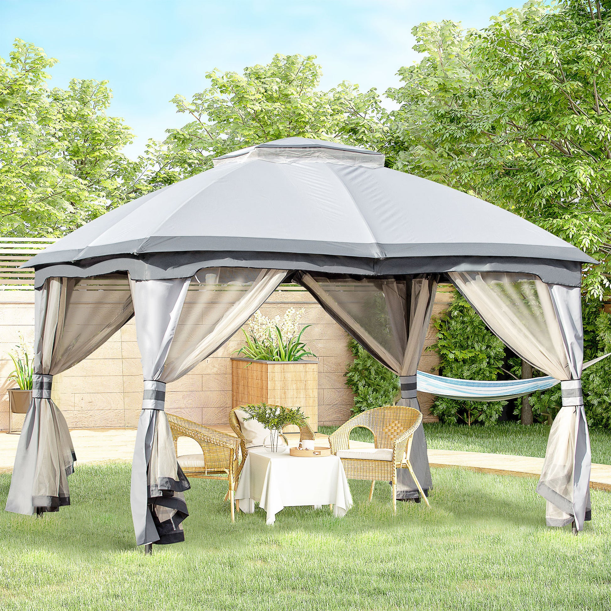 10' X 12' Outdoor Gazebo, Patio Gazebo Canopy Shelter W Double Vented Roof, Zippered Mesh Sidewalls, Solid Steel Frame, Grey Grey Polyester