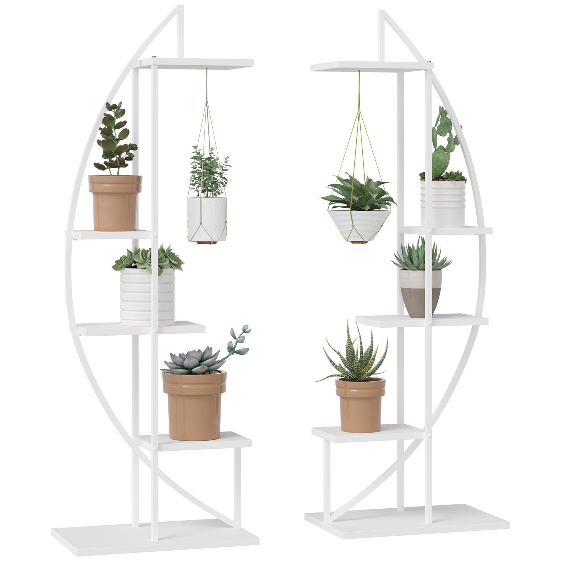 5 Tier Metal Plant Stand With Hangers, Half Moon Shape Flower Pot Display Shelf For Living Room Patio Garden Balcony Decor, White White Metal