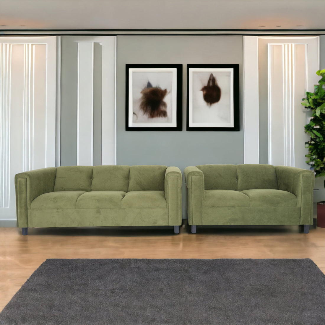 Green Suede Loveseat And Sofa Set For Living Room, Modern D Cor Couch Sets For Living Room, Bedrooms With Solid Wood Frame Green Wood Foam Suede