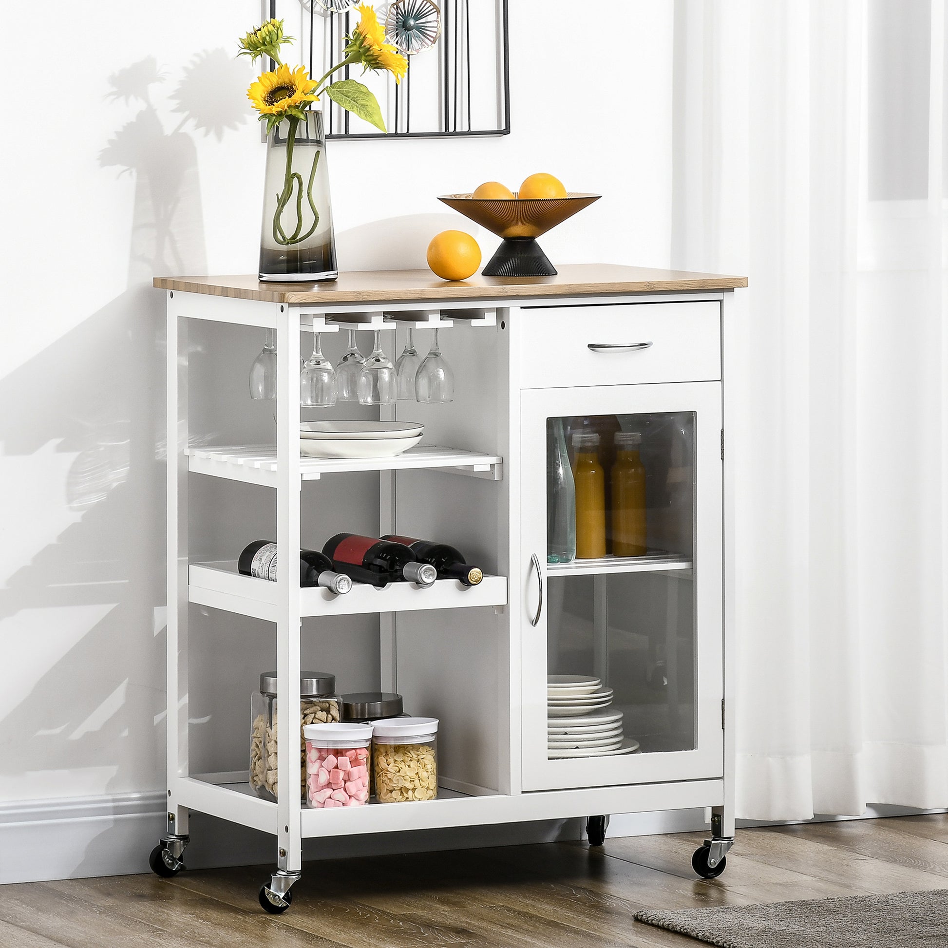 Rolling Kitchen Island With Storage, Kitchen Cart With 4 Bottle Wine Rack, Bar Cart With Stemware Holder, Shelves, Drawer And Cabinet, White White Engineered Wood