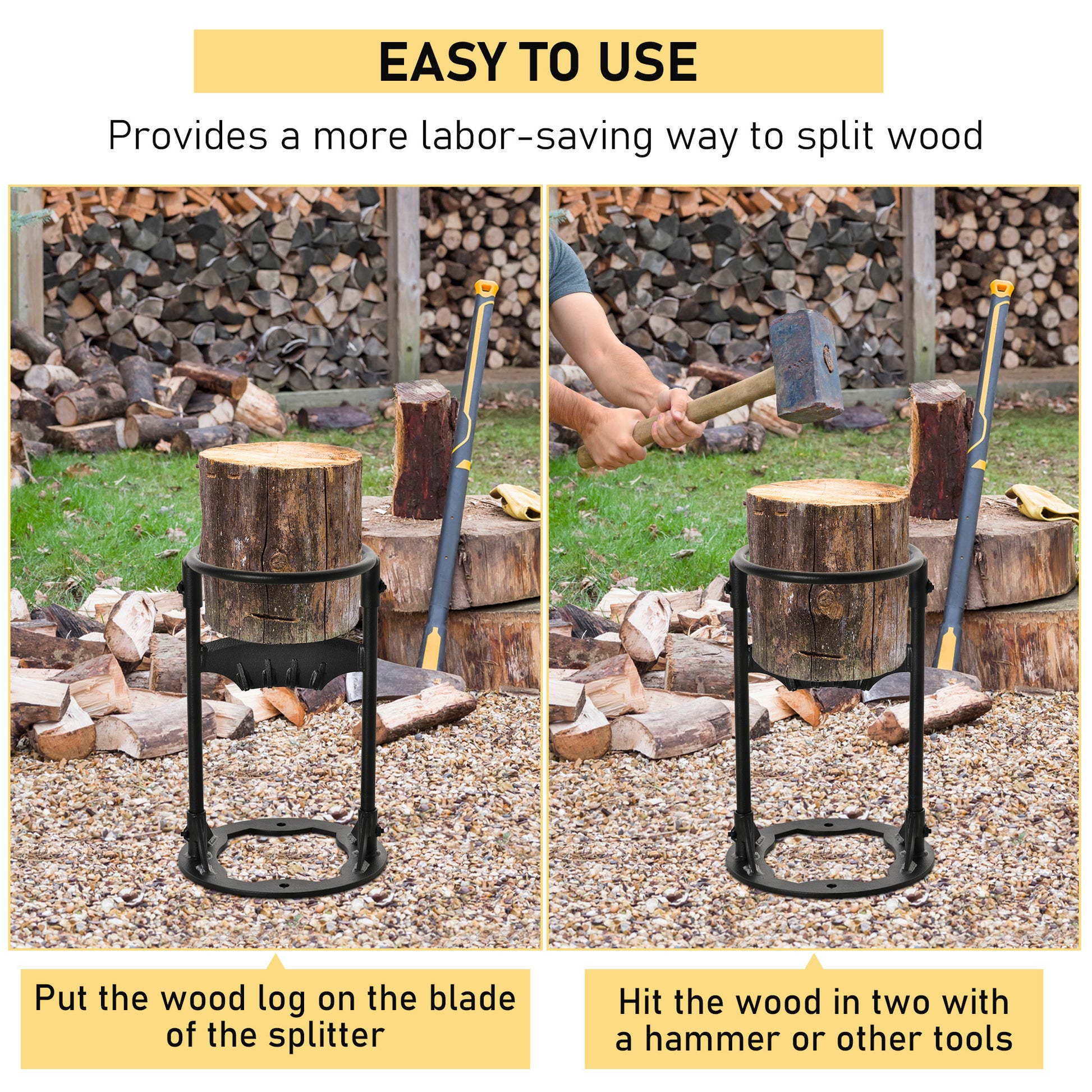 Firewood Kindling Splitter Stand With Hand Guard, Wood Splitter, Carbon Steel Manual Wood Cracker, Log Wedge Cutter, Single Blade, Black, 8.75" Dia X 12.25" H Black Steel